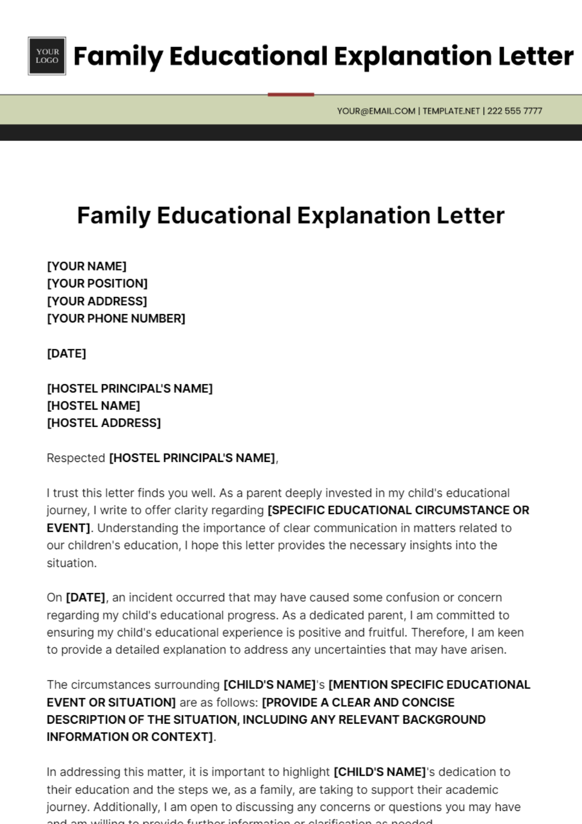 Free Family Educational Explanation Letter Template