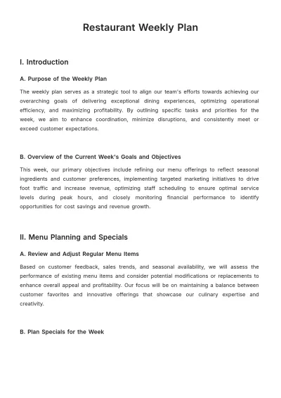 Free Restaurant Weekly Plan Template to Edit Online