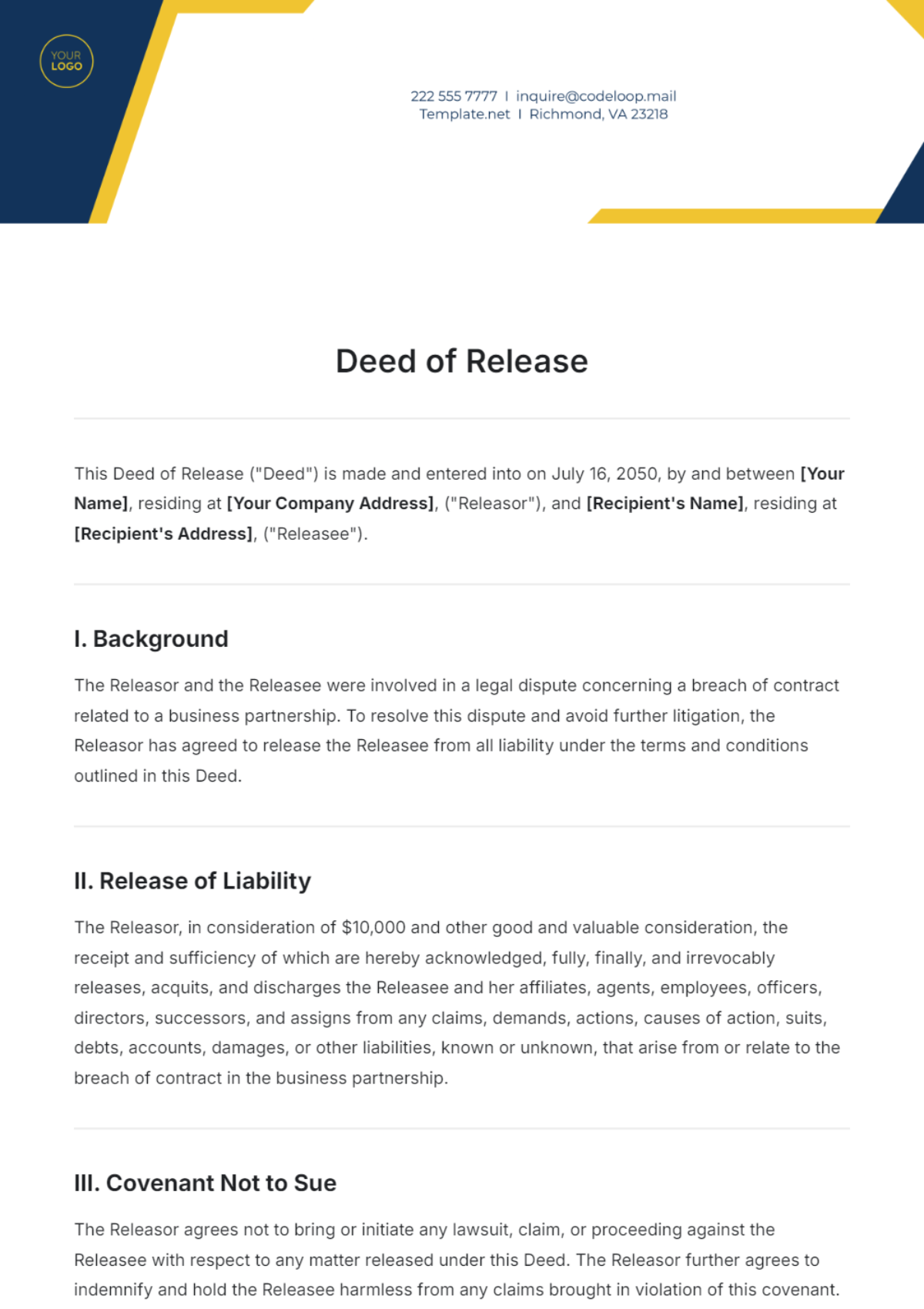 Deed of Release Outline Template - Edit Online & Download