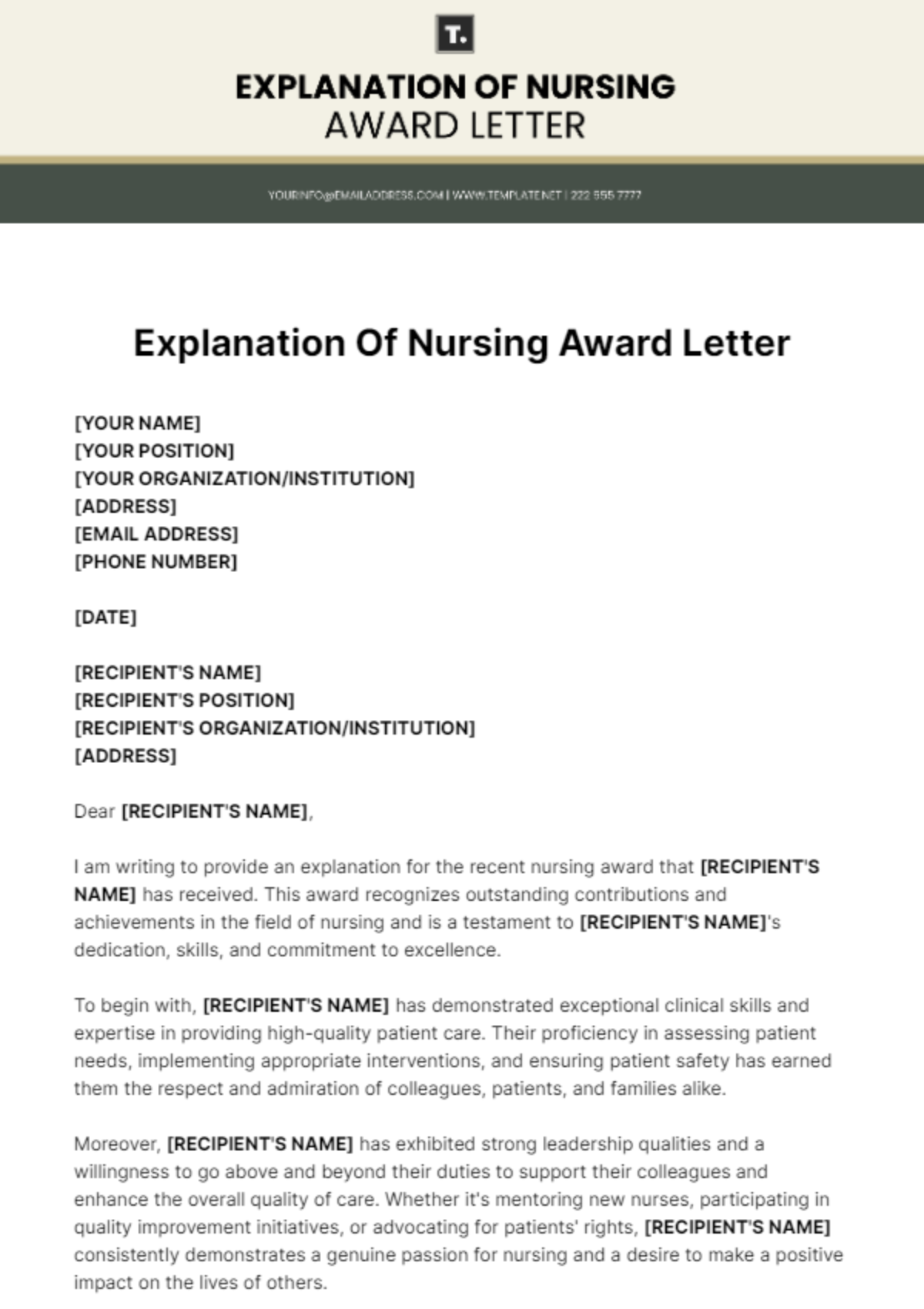 Explanation Of Nursing Award Letter Template - Edit Online & Download