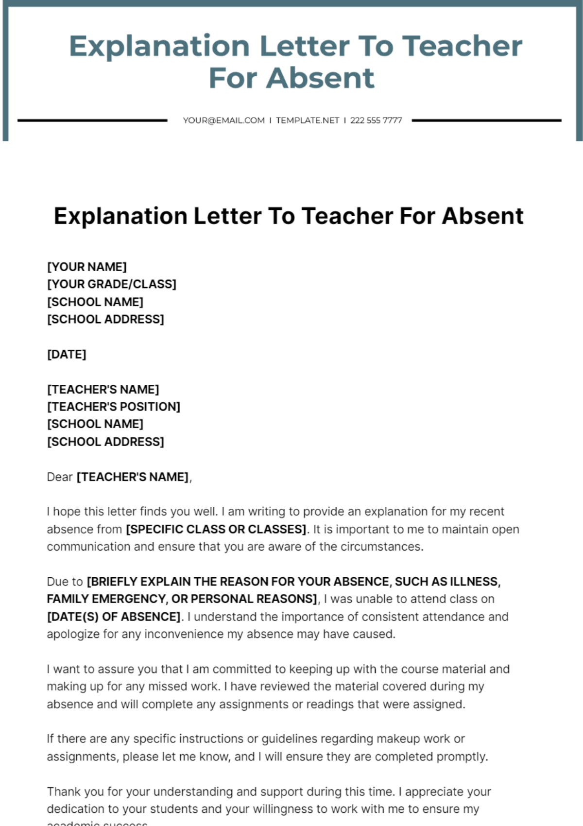 Explanation Letter To Teacher For Absent Template - Edit Online & Download