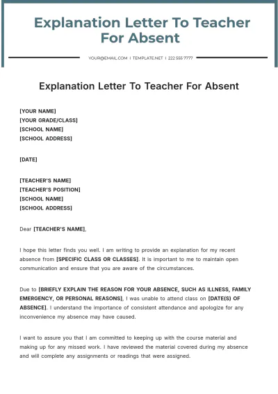 Free Explanation Letter To Teacher For Absent Template to Edit Online