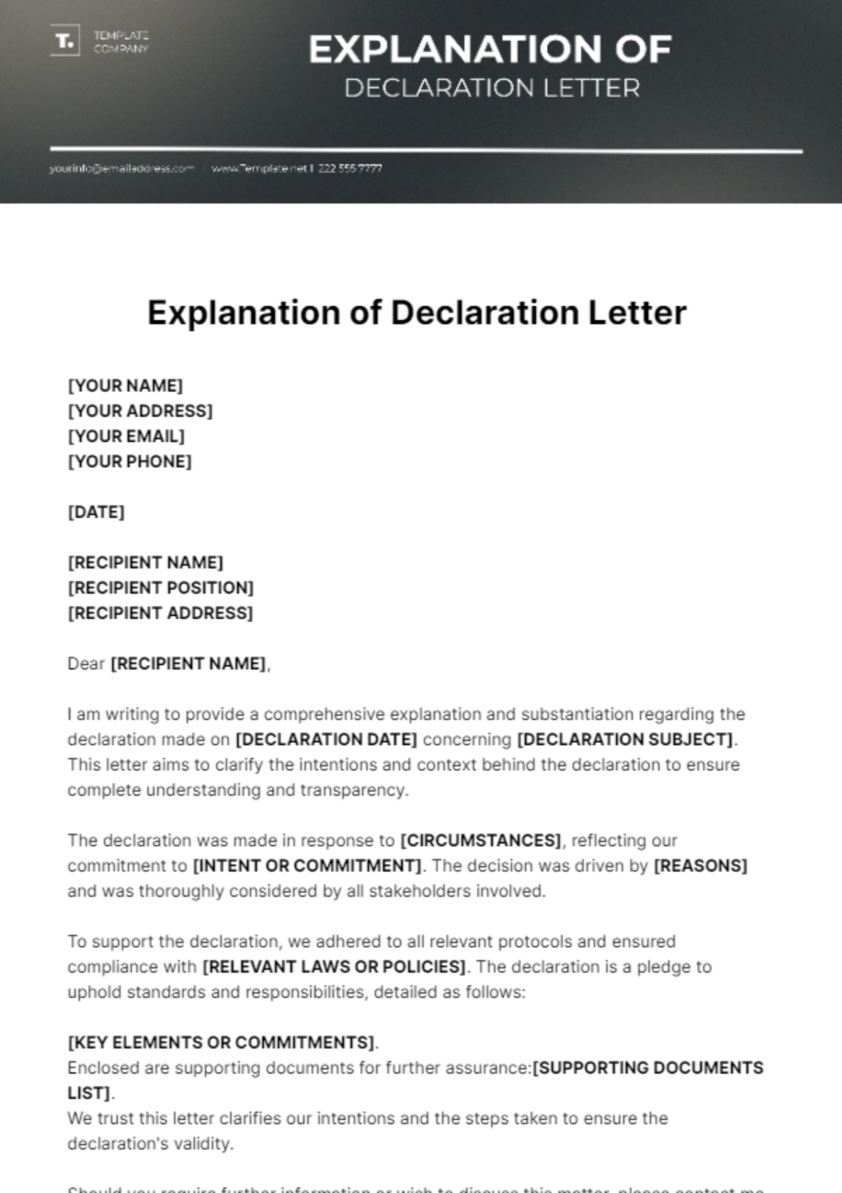 Explanation Of Declaration Letter Template - Edit Online & Download