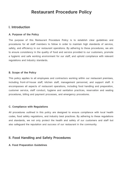Free Restaurant Procedure Policy Template to Edit Online