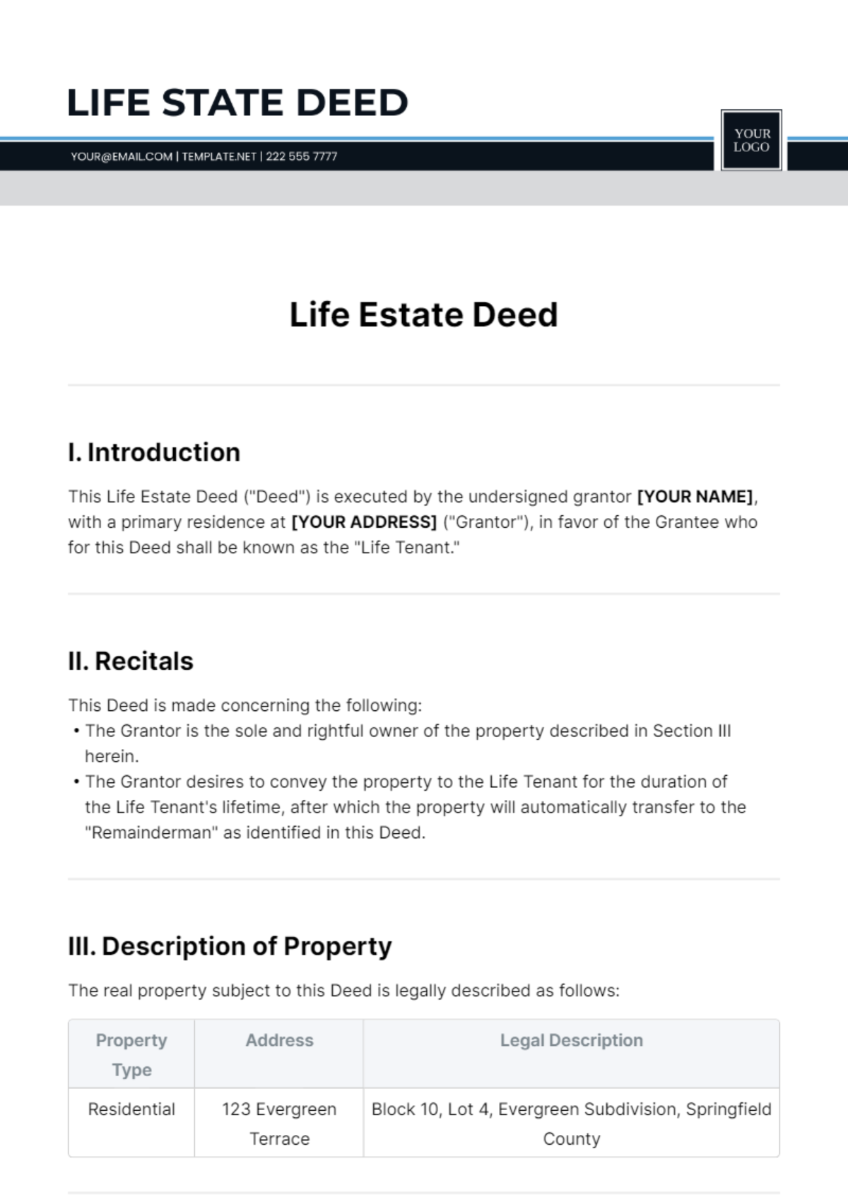 Life Estate Deed Template - Edit Online & Download