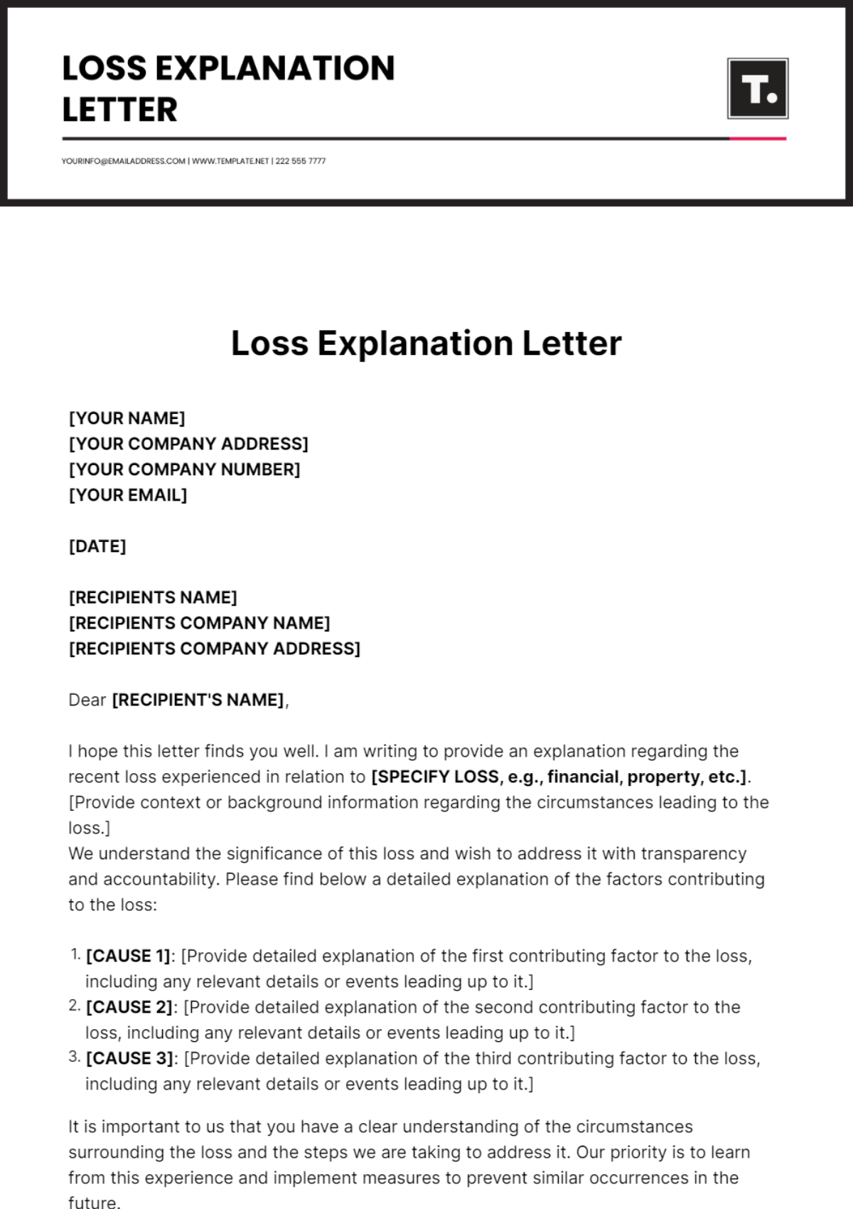 Loss Explanation Letter Template - Edit Online & Download