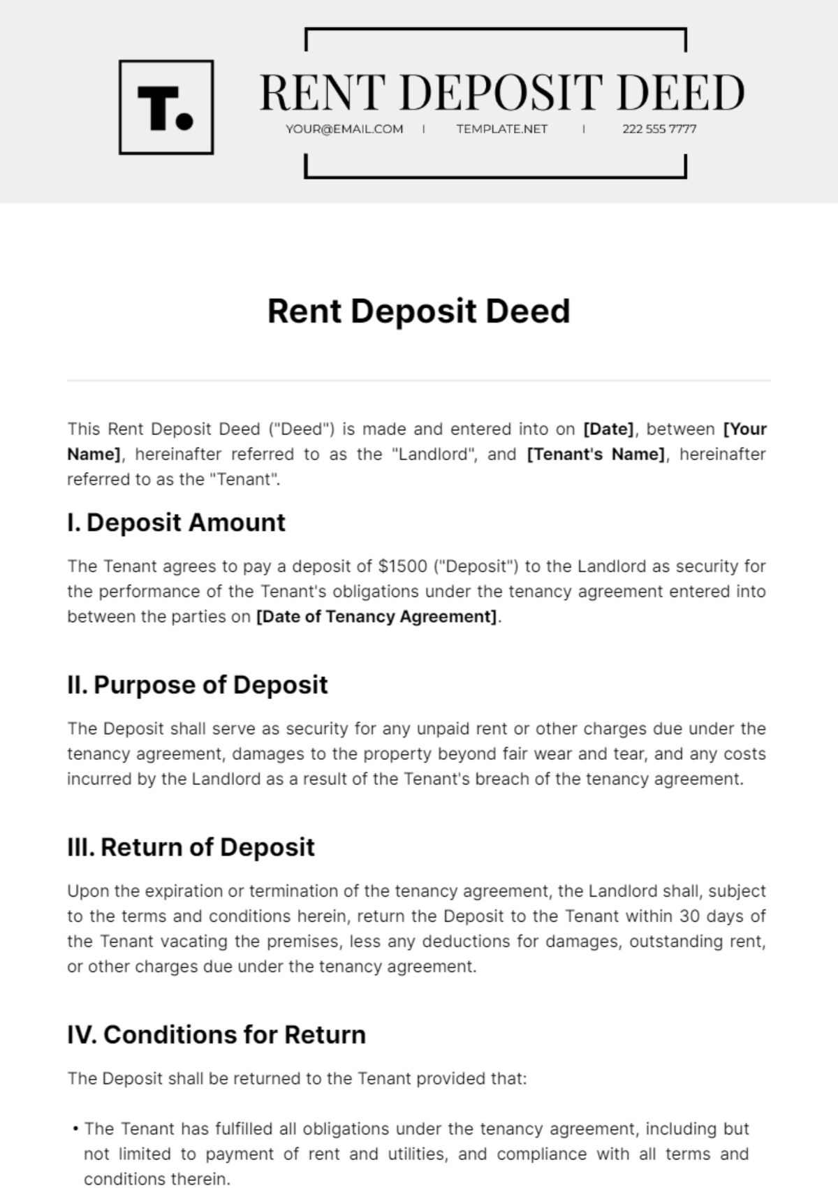 Free Rent Deposit Deed Template - Edit Online & Download | Template.net