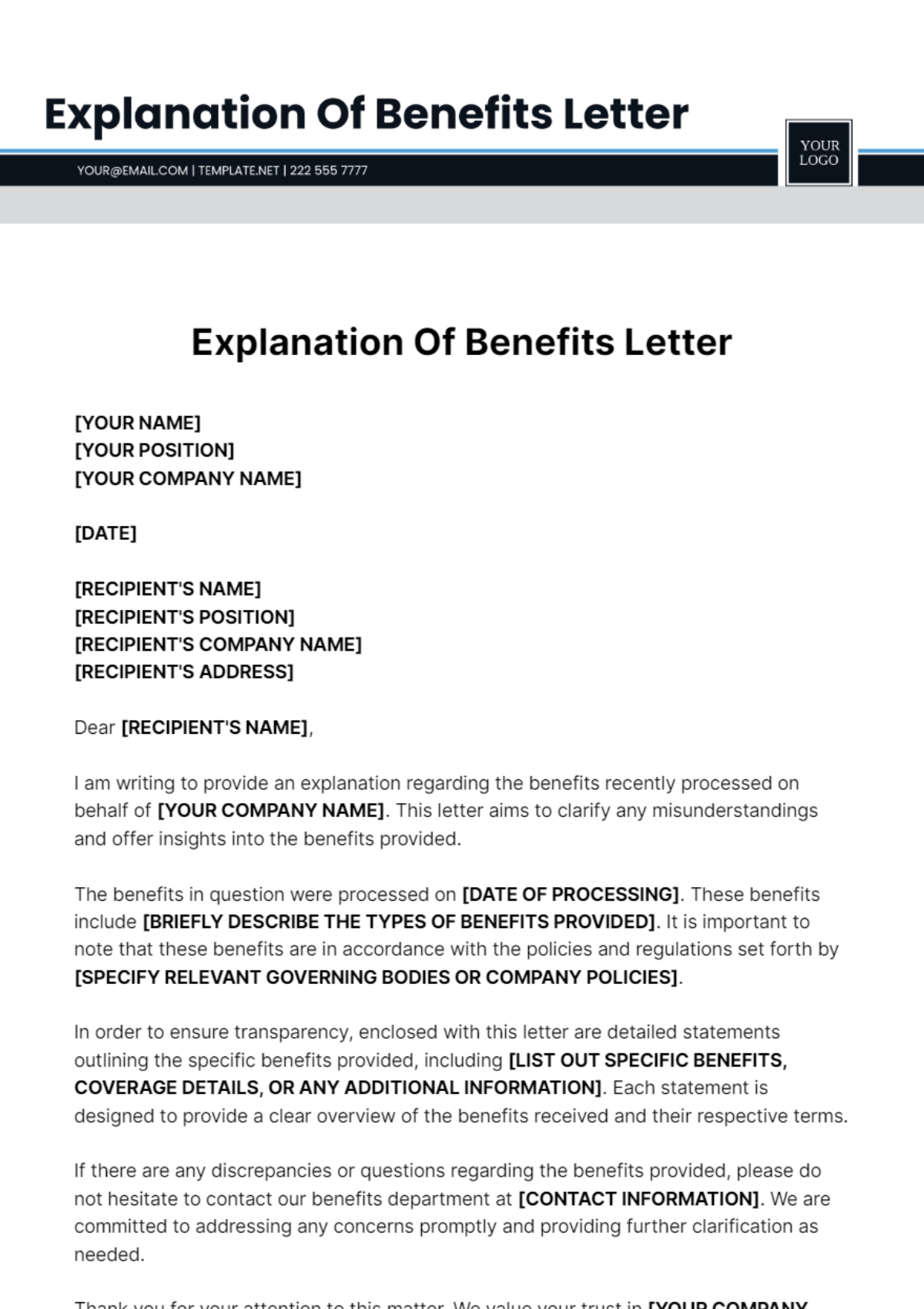 Explanation Of Benefits Letter Template - Edit Online & Download