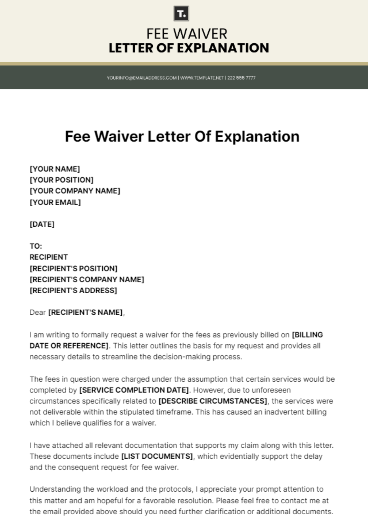 Fee Waiver Letter Of Explanation Template - Edit Online & Download