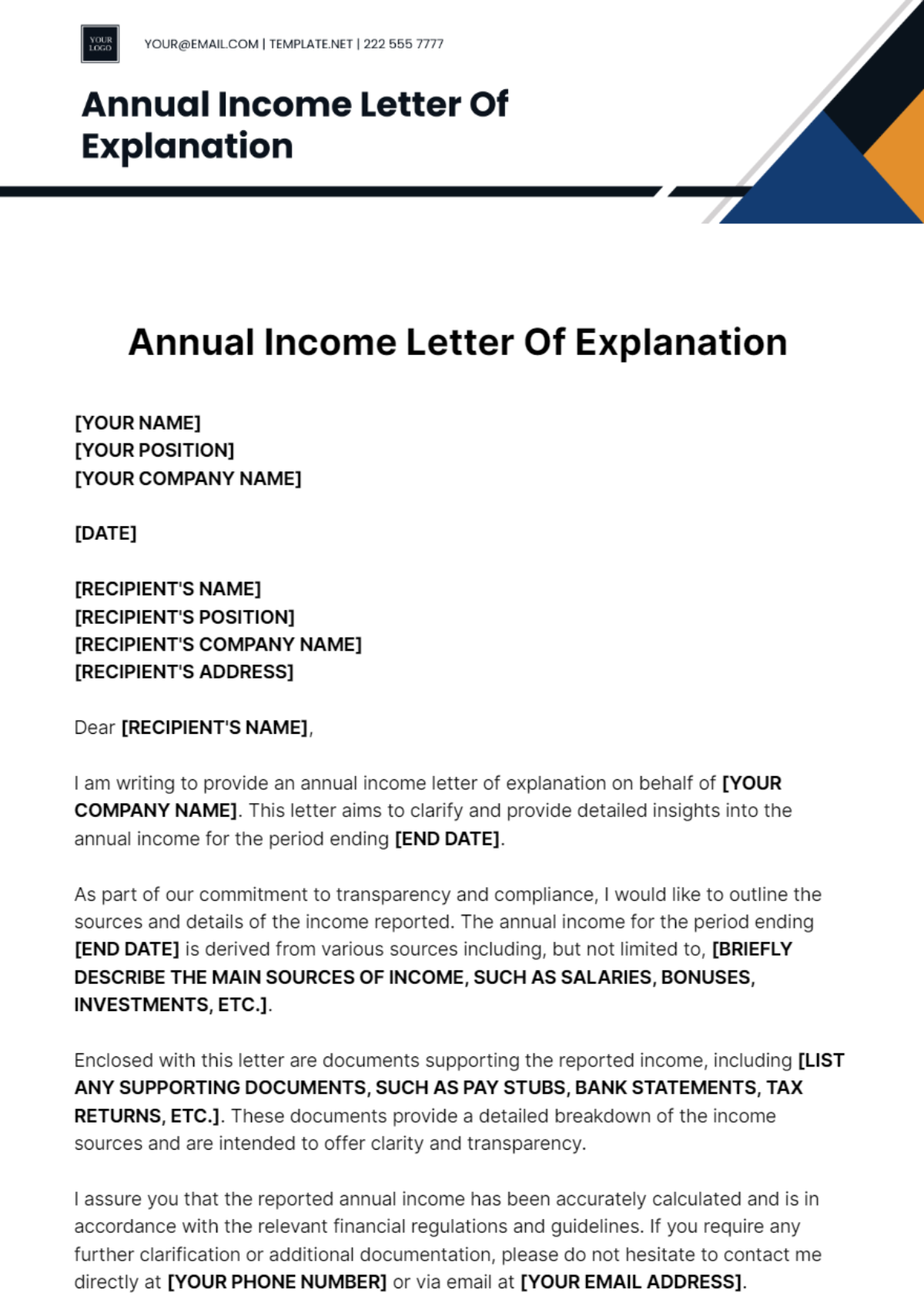 Annual Income Letter Of Explanation Template - Edit Online & Download