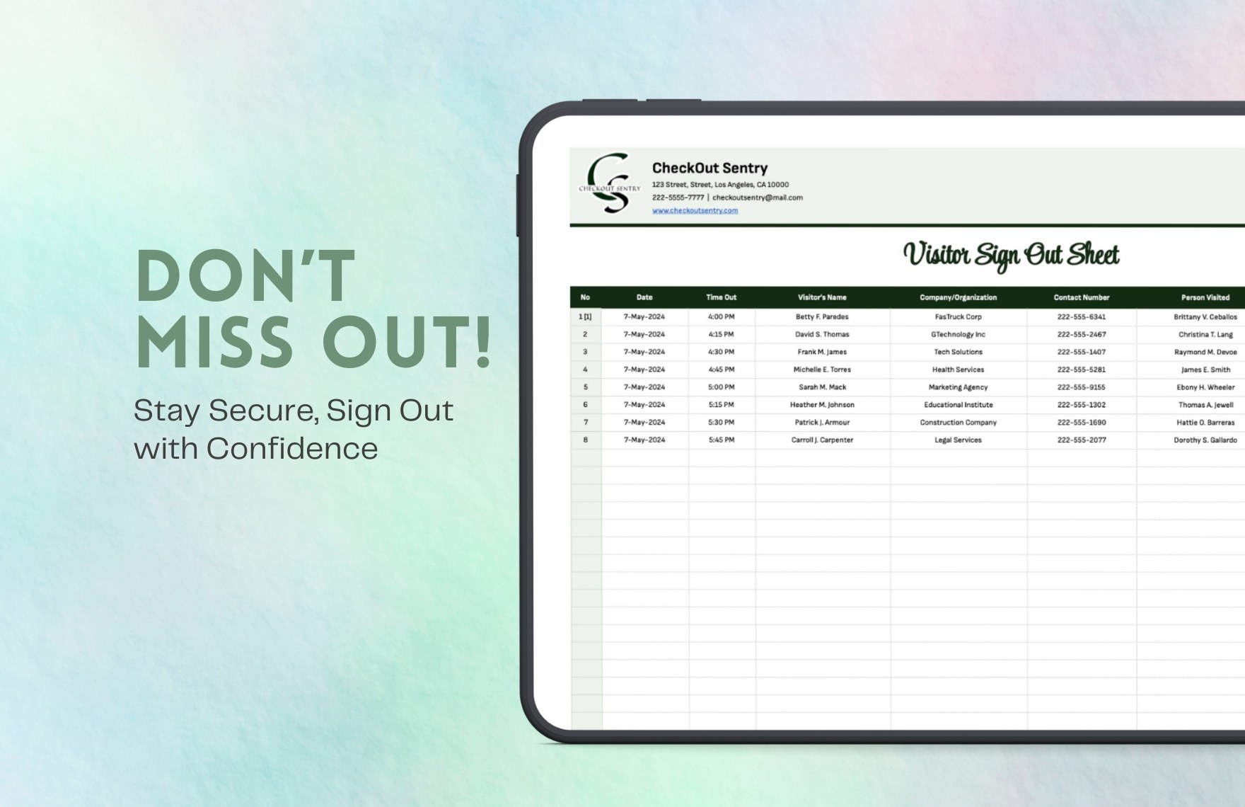 Visitor Sign Out Sheet Template
