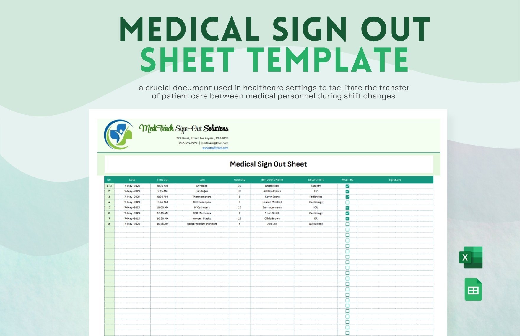 Medical Sign Out Sheet Template in Excel, Google Sheets