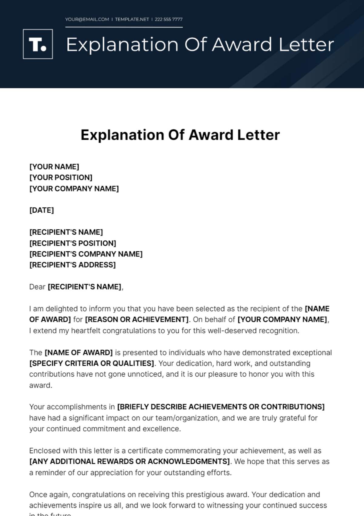 Explanation Of Award Letter Template - Edit Online & Download