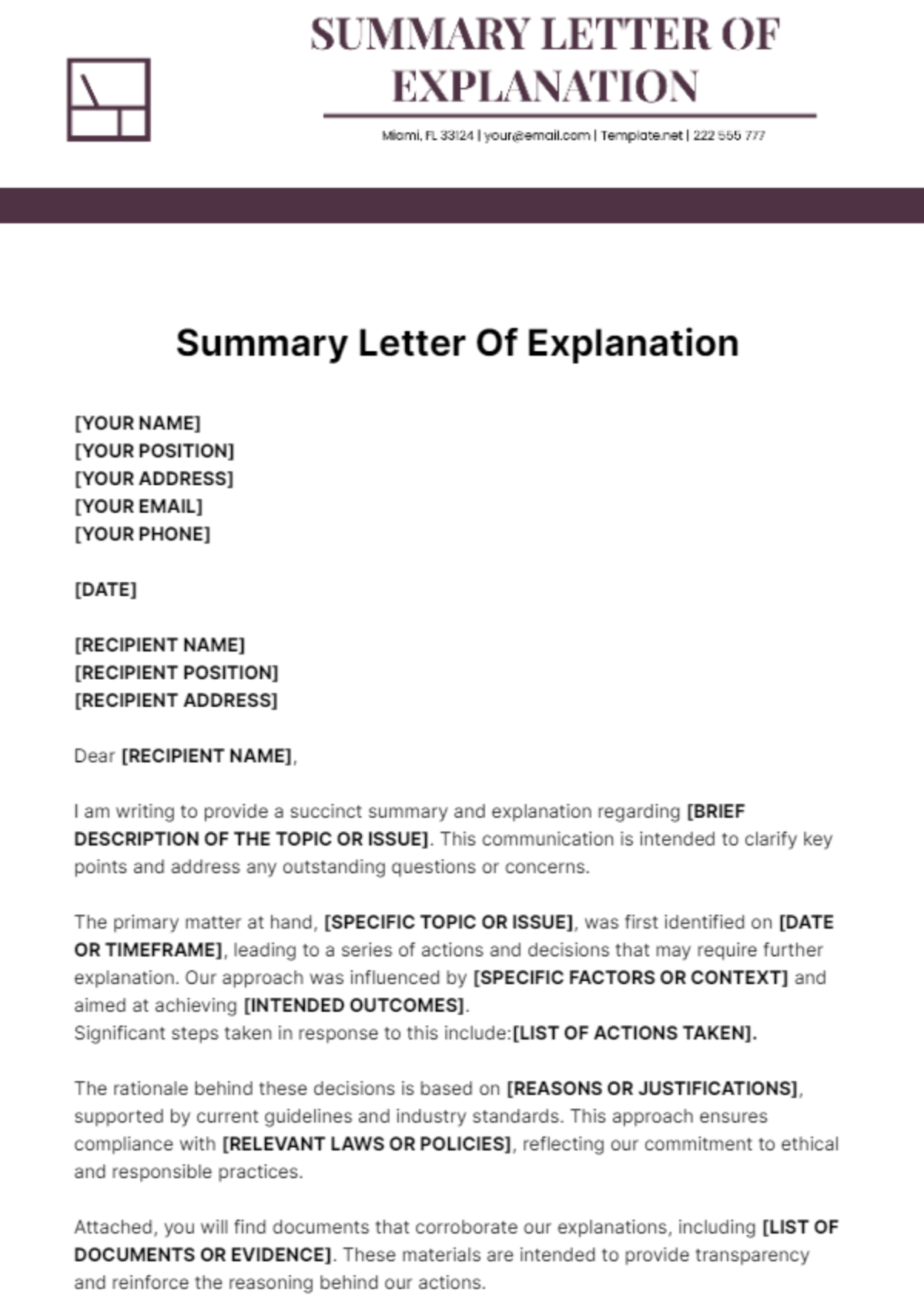 Summary Letter Of Explanation Template - Edit Online & Download