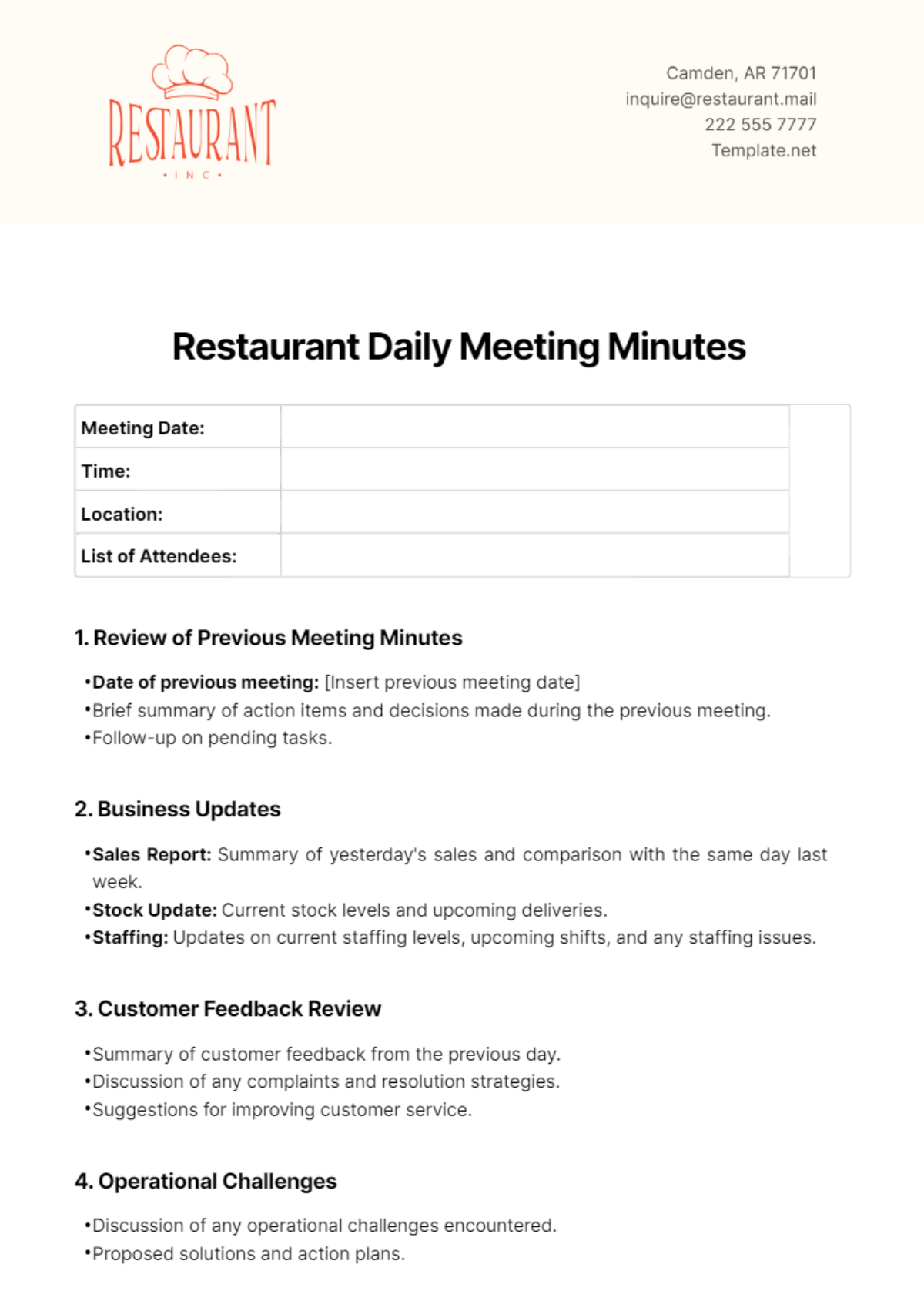 Restaurant Daily Meeting Minutes Template