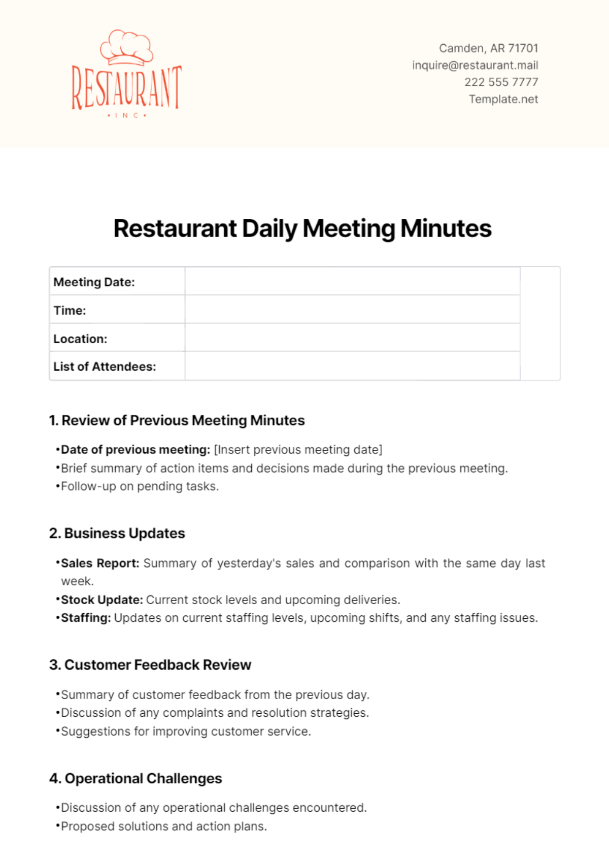 Restaurant Daily Meeting Minutes Template - Edit Online & Download