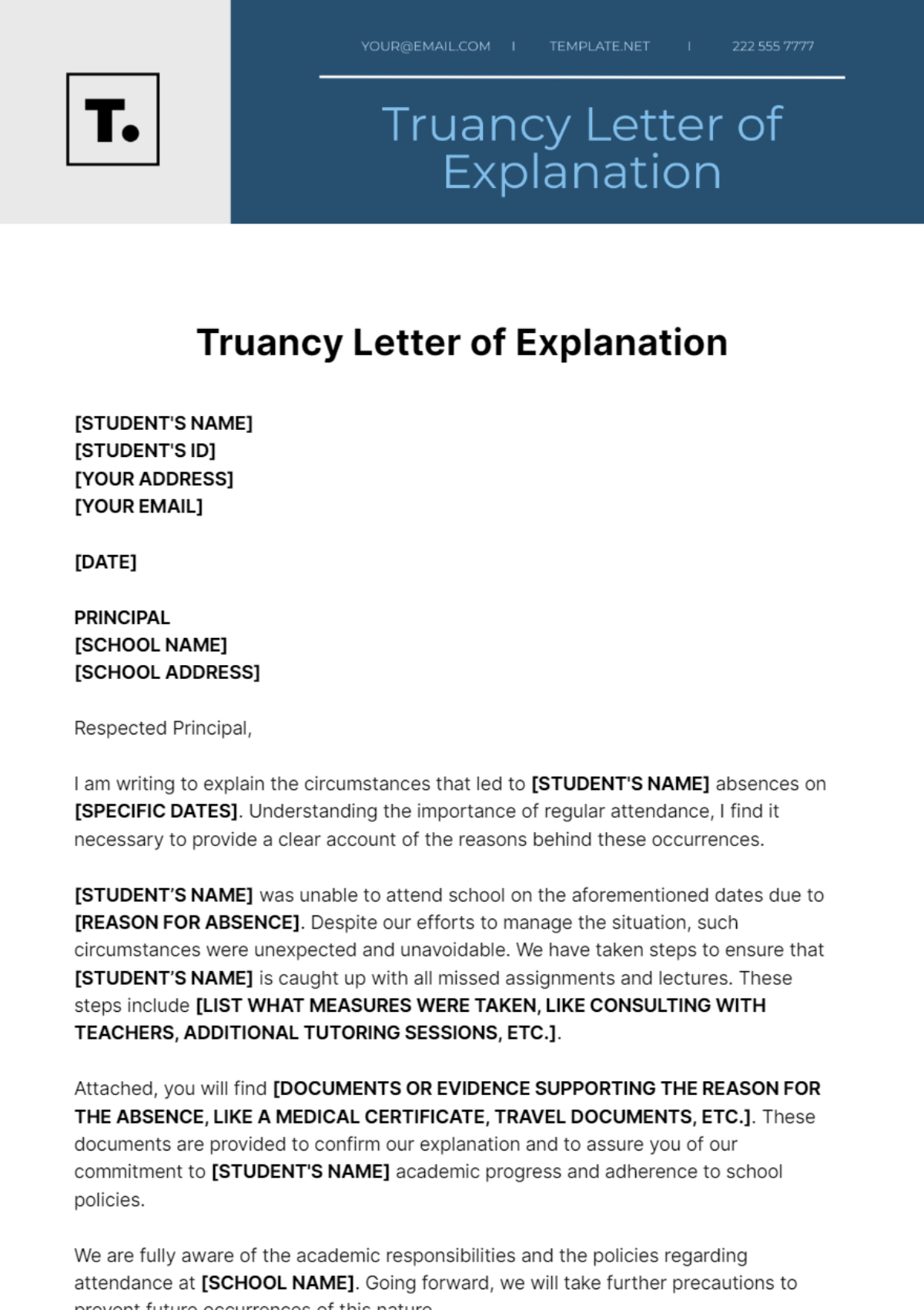 Truancy Letter Of Explanation Template - Edit Online & Download