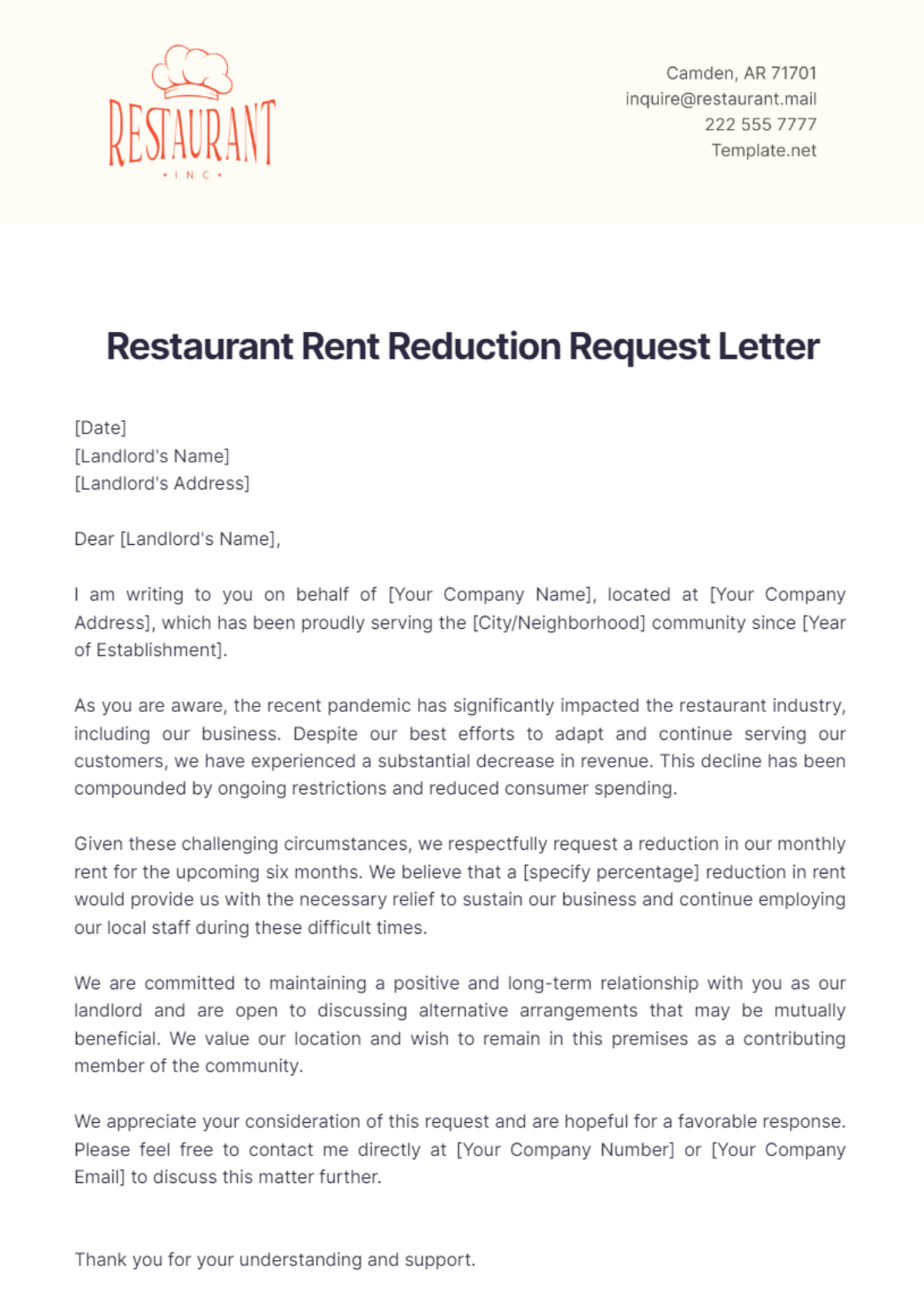 Restaurant Rent Reduction Request Letter Template - Edit Online & Download