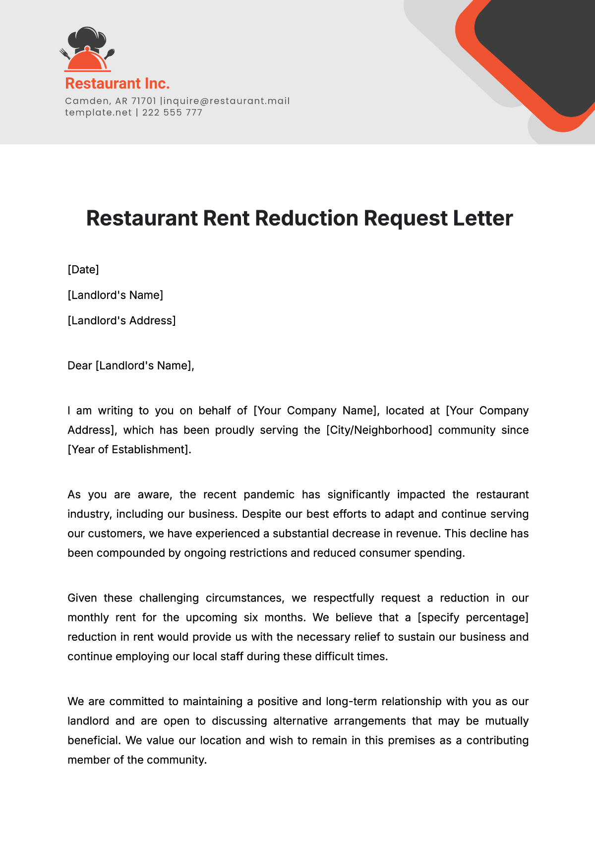 Free Restaurant Rent Reduction Request Letter Template