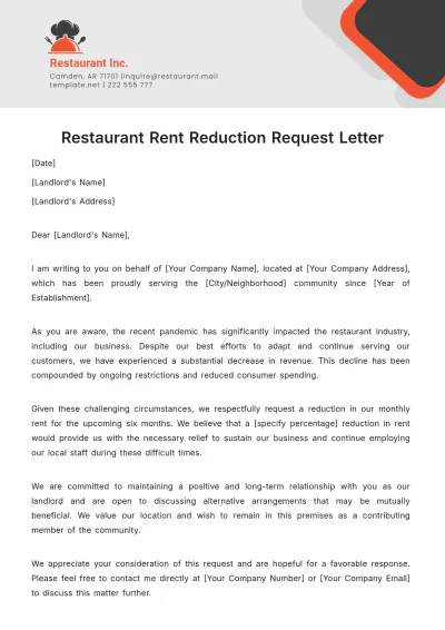 Free Restaurant Rent Reduction Request Letter Template to Edit Online