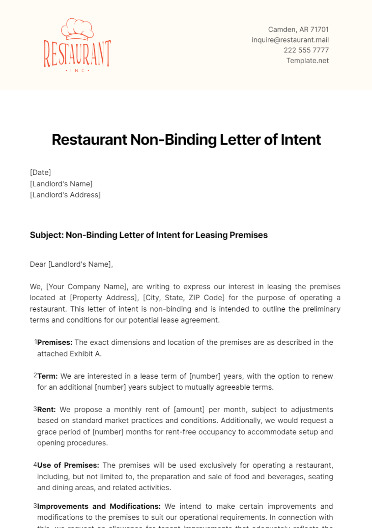 Restaurant Non-Binding Letter of Intent Template - Edit Online & Download