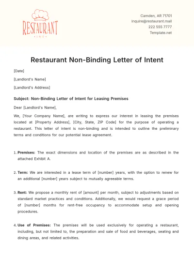 Free Restaurant Non-Binding Letter of Intent Template to Edit Online
