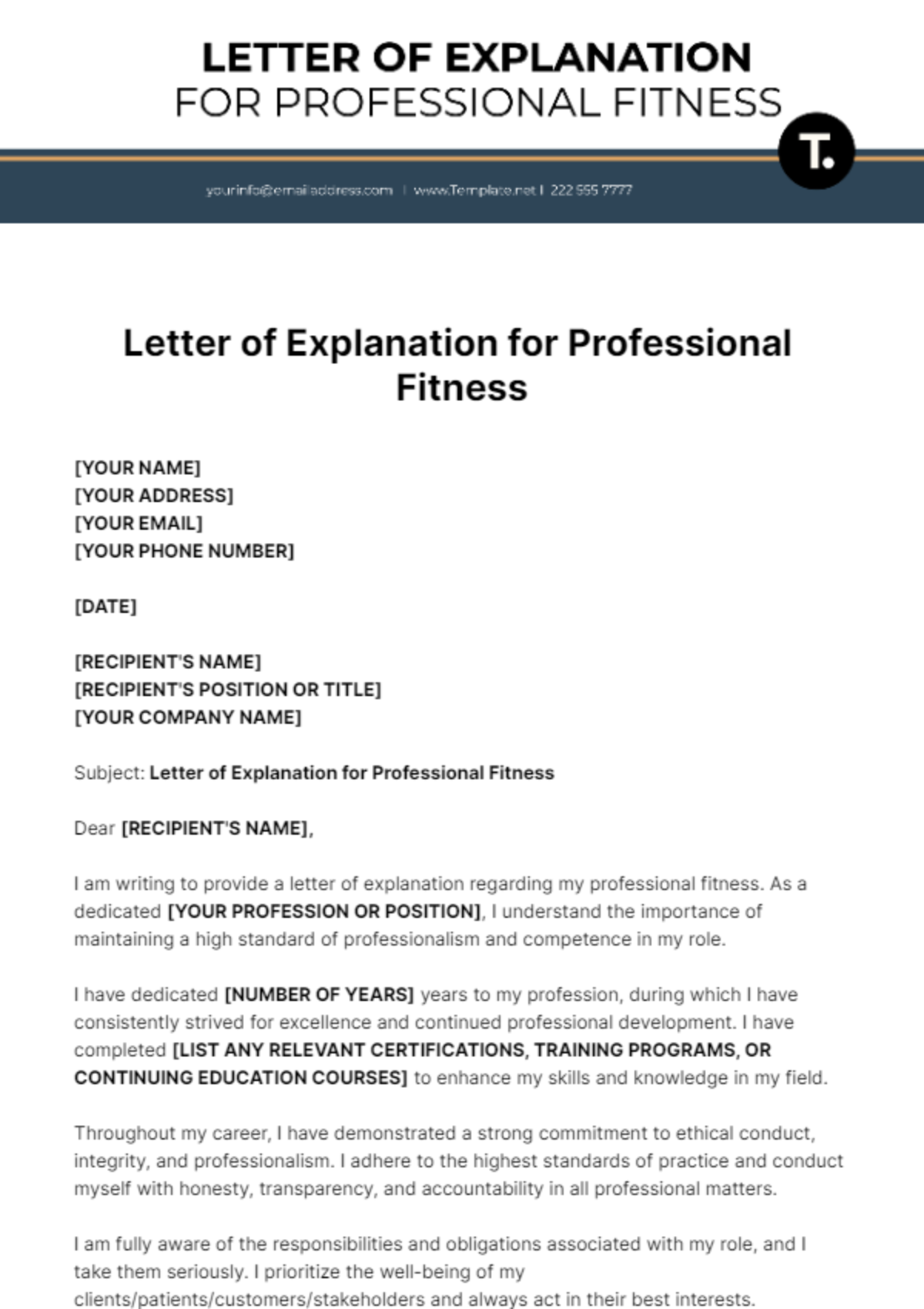 Free Letter Of Explanation For Professional Fitness Template