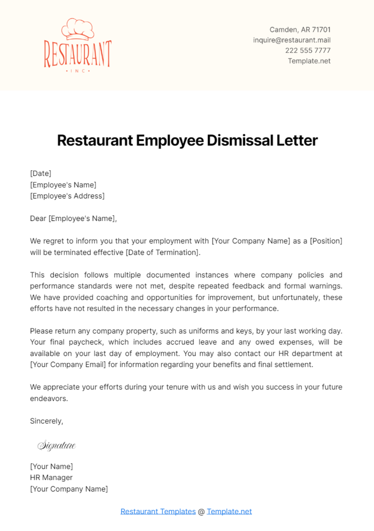 Restaurant Employee Dismissal Letter Template - Edit Online & Download