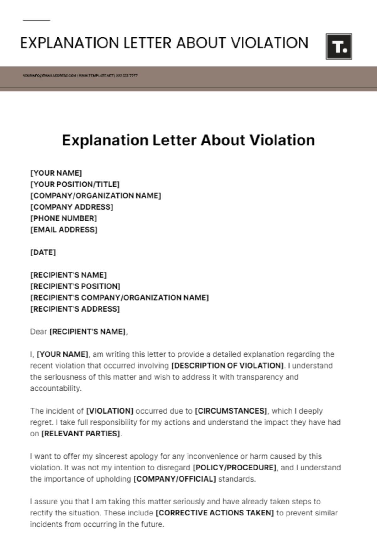 Free Explanation Letter About Violation Template