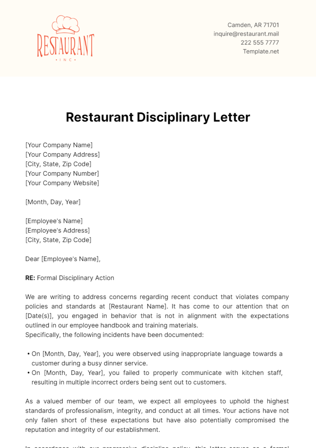 Restaurant Disciplinary Letter Template - Edit Online & Download