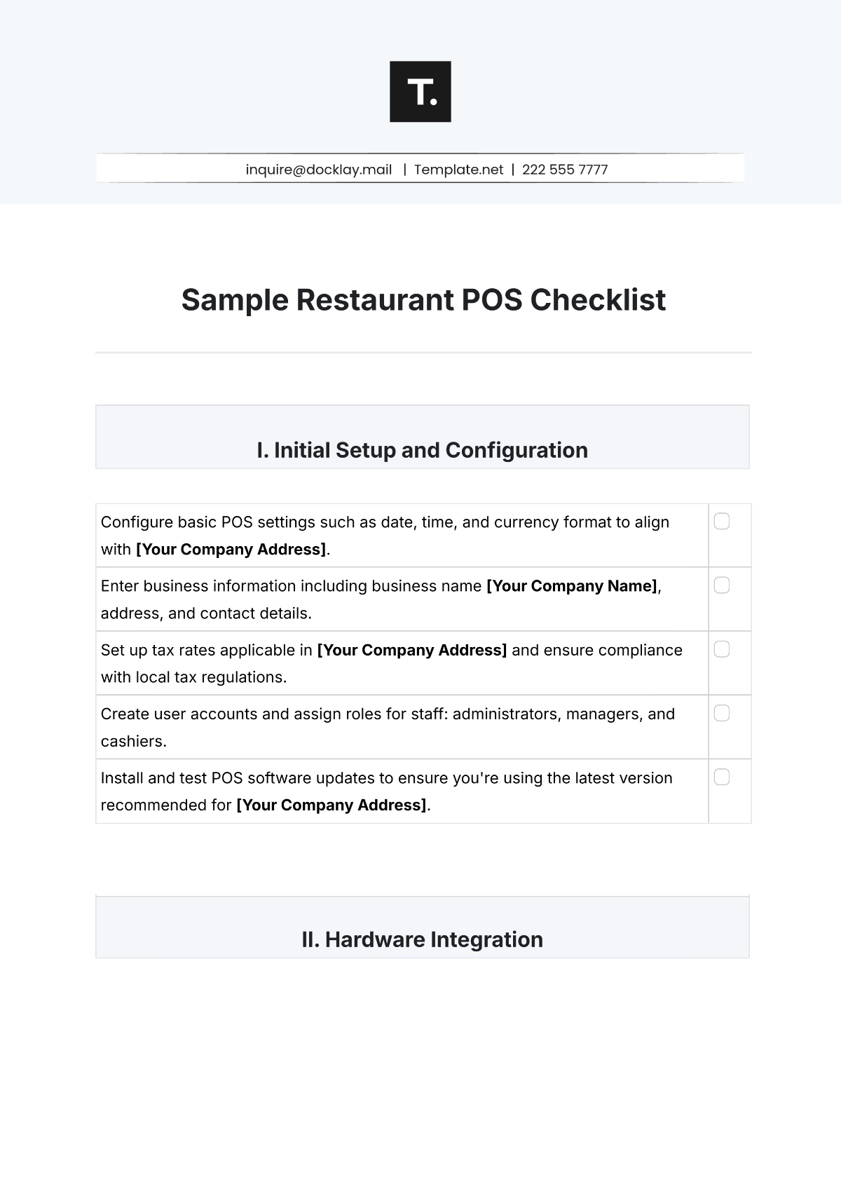 Sample Restaurant POS Checklist Template - Edit Online & Download