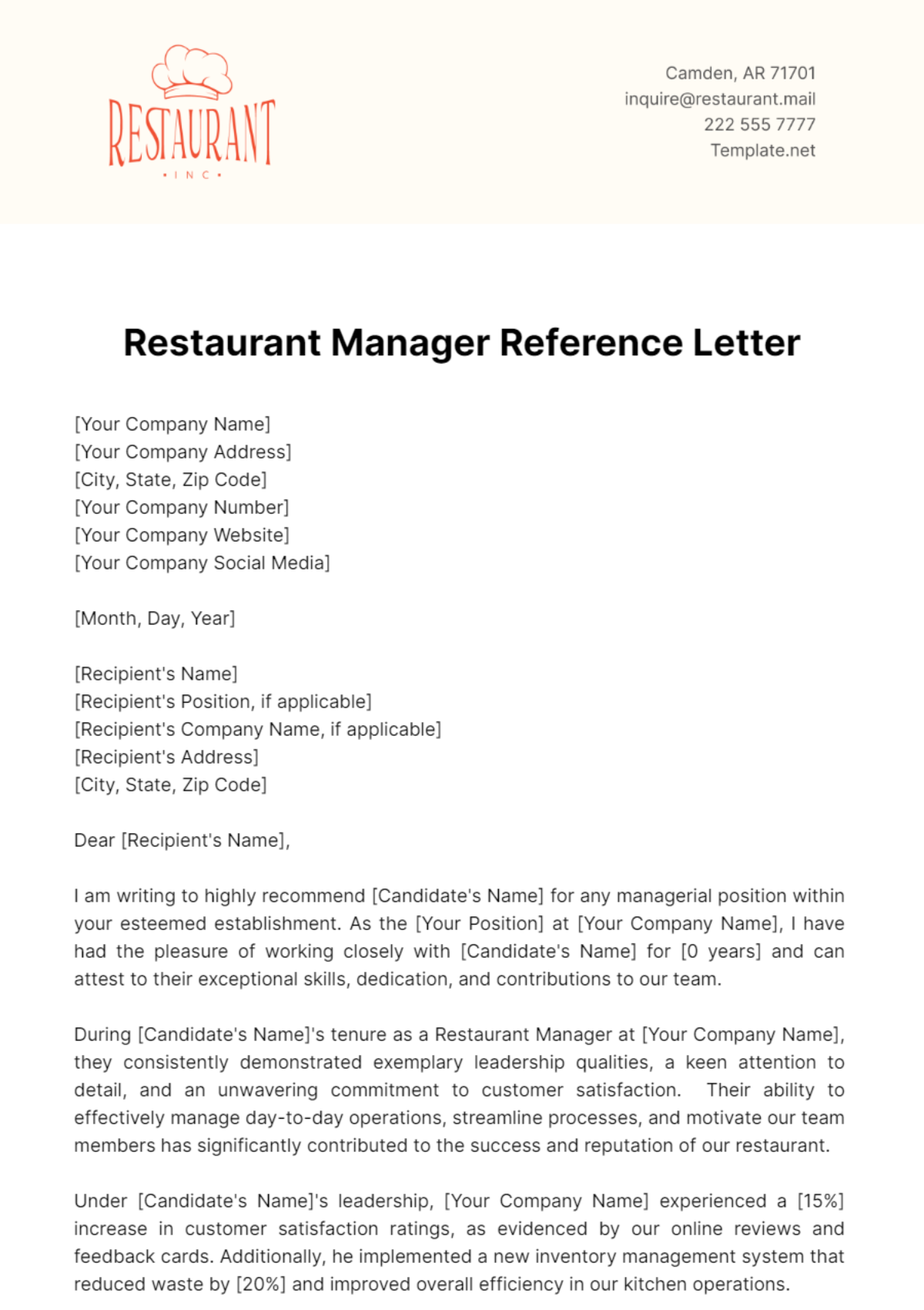 Restaurant Manager Reference Letter Template - Edit Online & Download