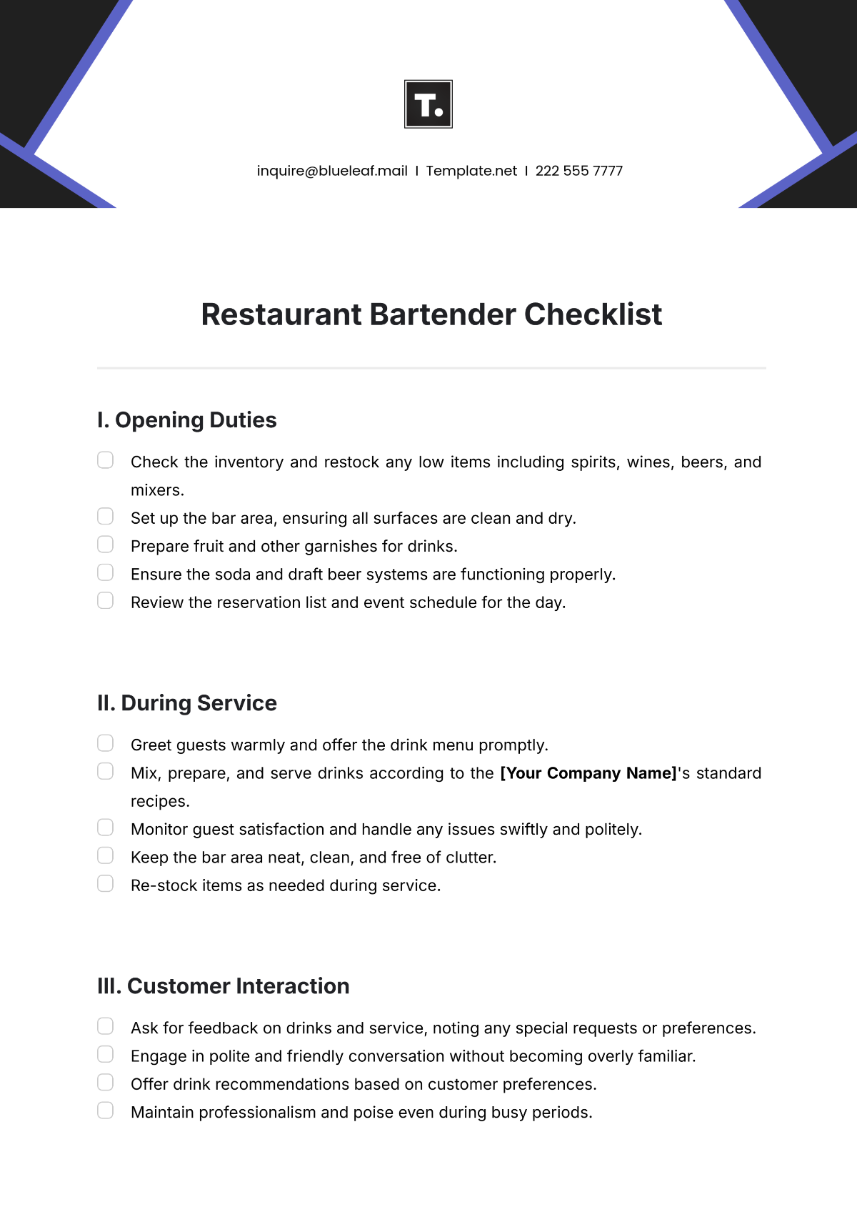 Restaurant Bartender Checklist Template - Edit Online & Download