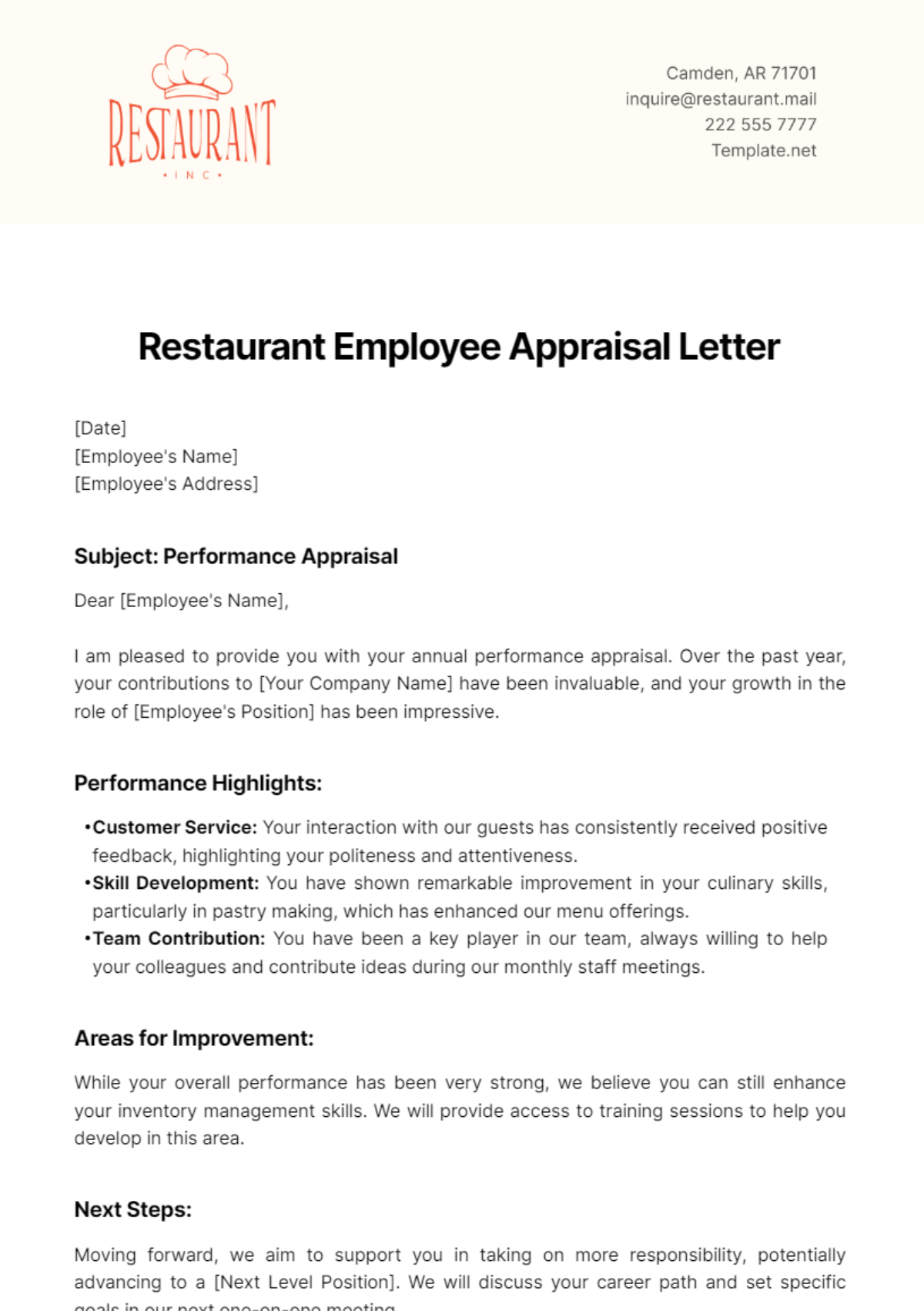 Restaurant Employee Appraisal Letter Template - Edit Online & Download