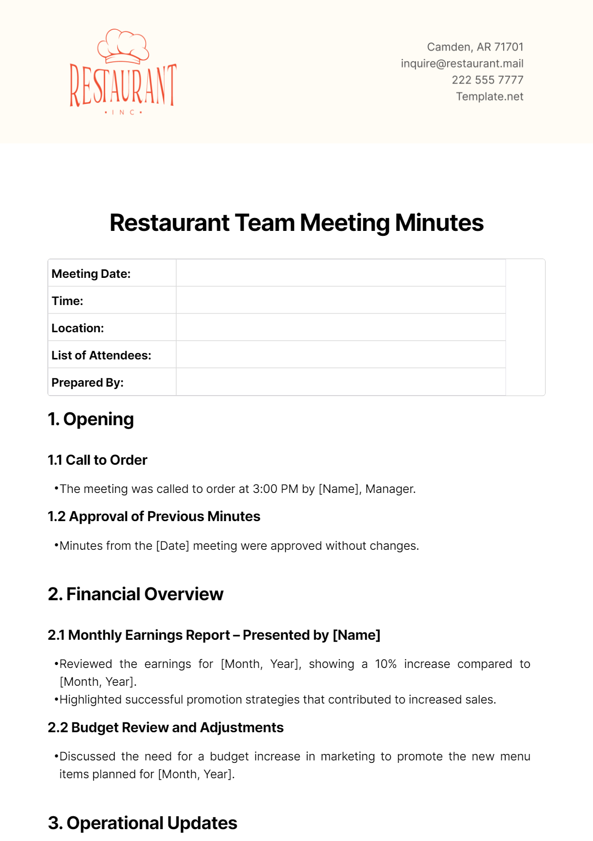 Free Restaurant Team Meeting Minutes Template