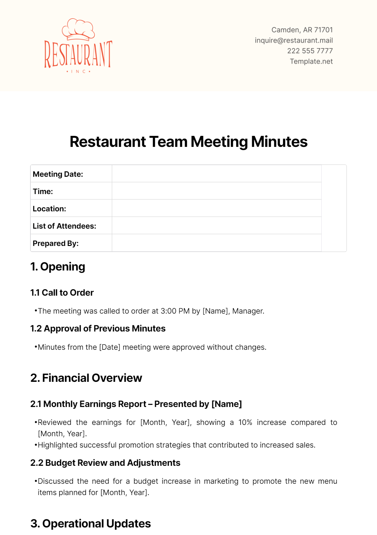 Restaurant Team Meeting Minutes Template - Edit Online & Download