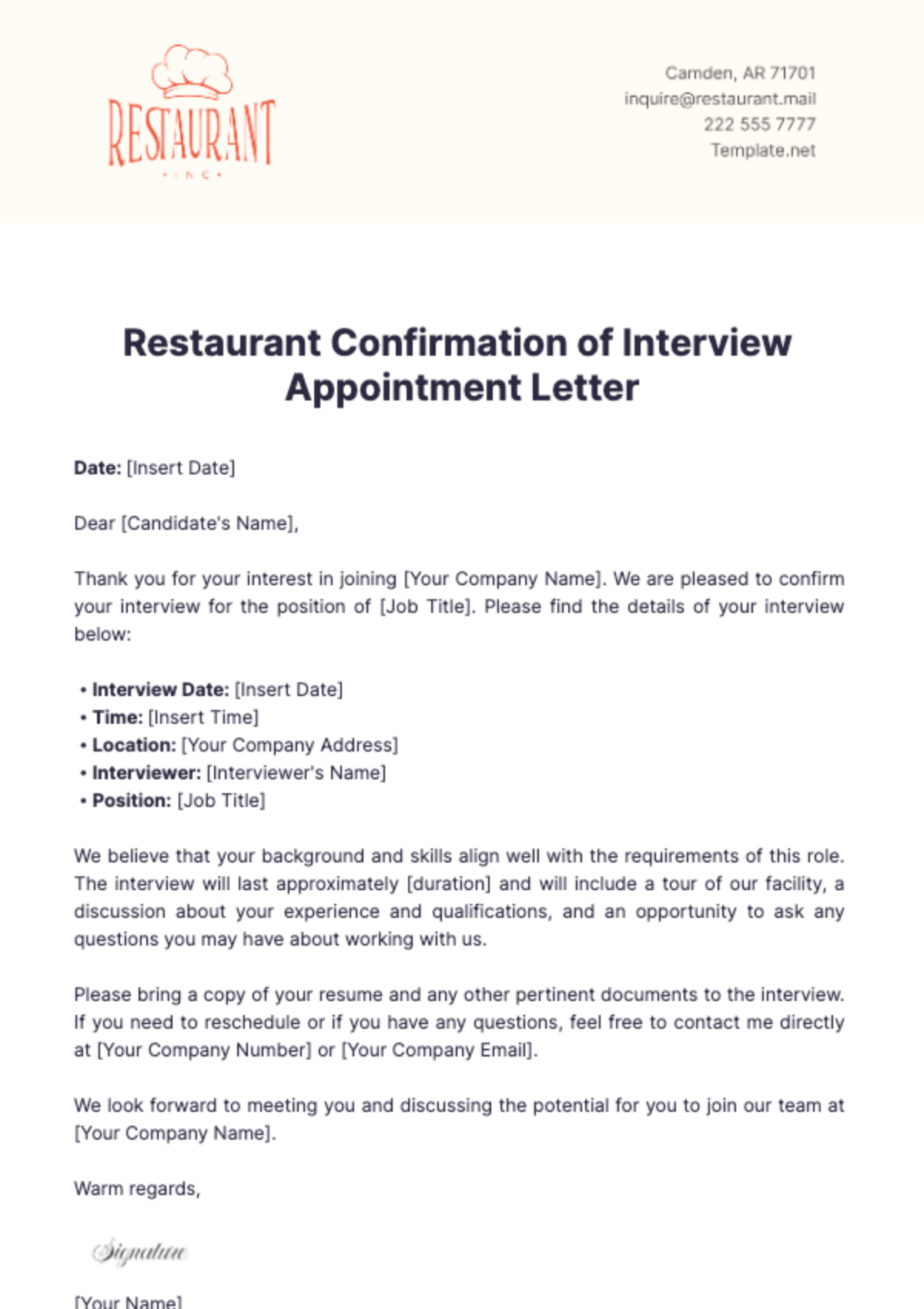 Restaurant Confirmation of Interview Appointment Letter Template - Edit Online & Download