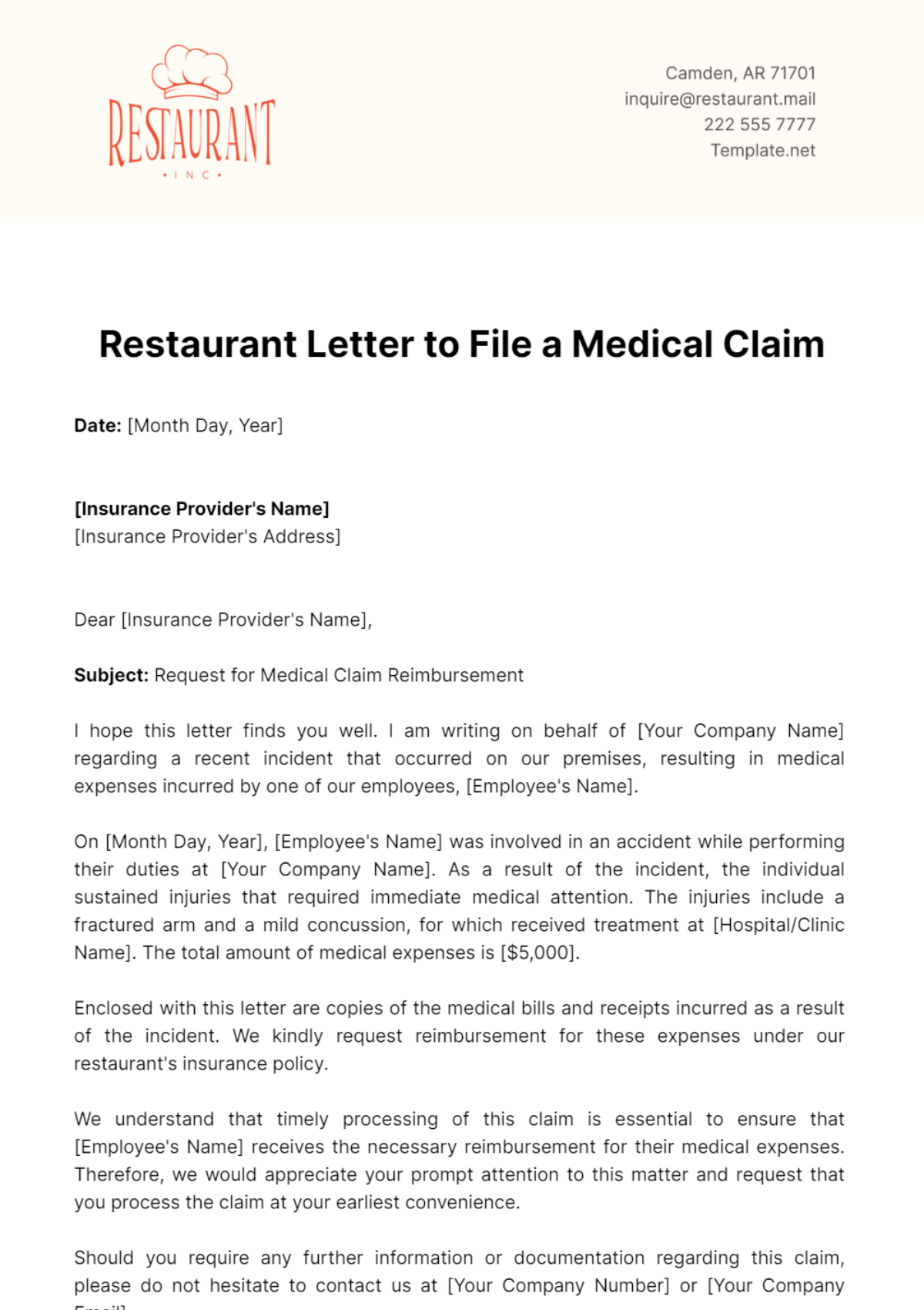 Free Restaurant Letter to File a Medical Claim Template