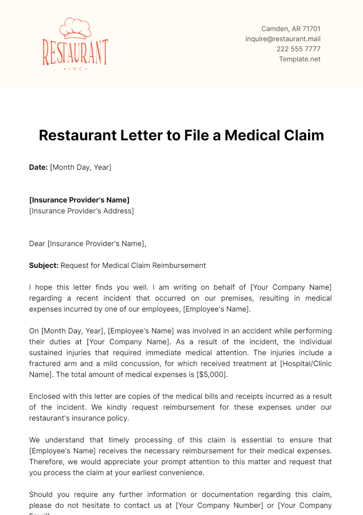 Restaurant Letter to File a Medical Claim Template - Edit Online & Download