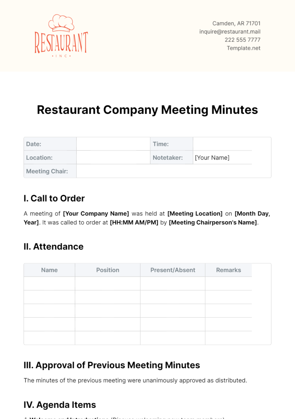 Free Restaurant Company Meeting Minutes Template
