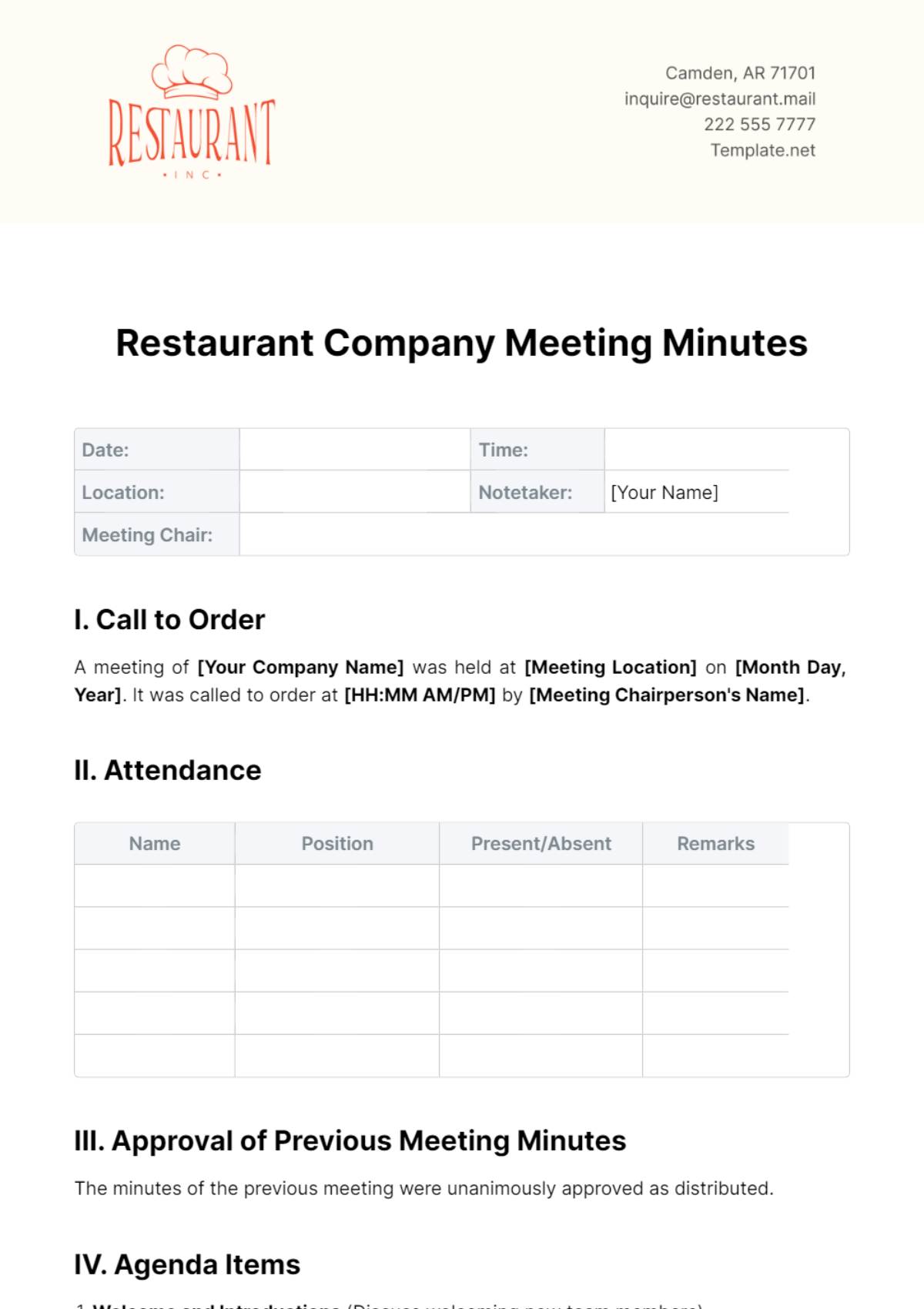 Restaurant Company Meeting Minutes Template - Edit Online & Download