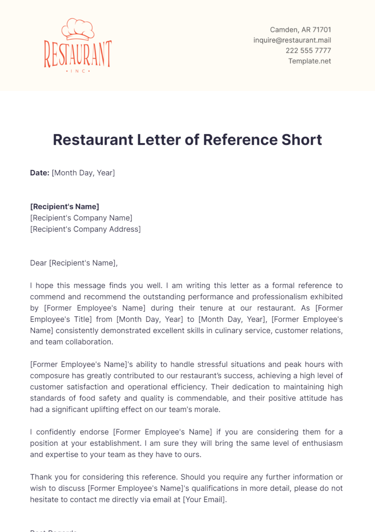 Restaurant Letter of Reference Short Template - Edit Online & Download