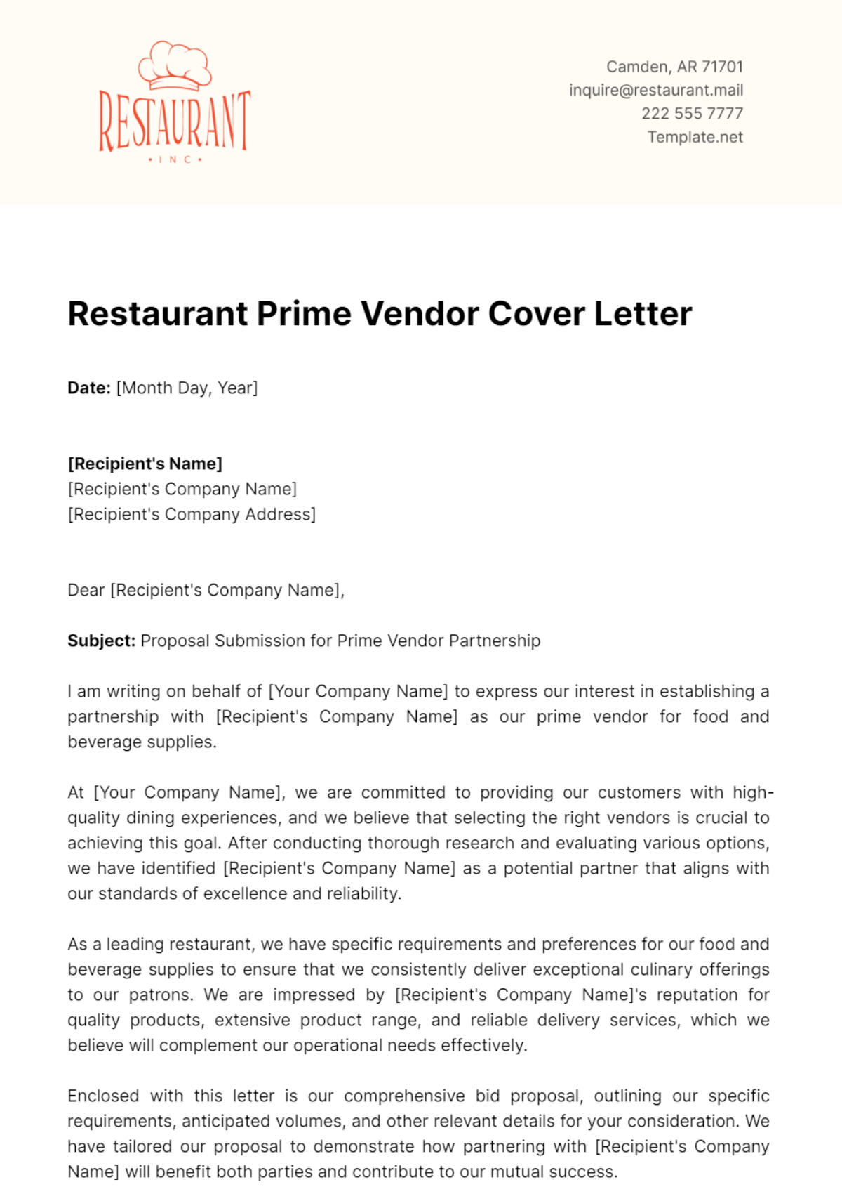 Restaurant Prime Vendor Cover Letter Template - Edit Online & Download