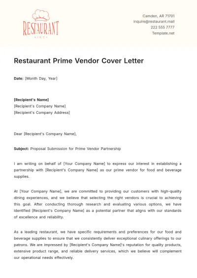 Free Restaurant Prime Vendor Cover Letter Template to Edit Online
