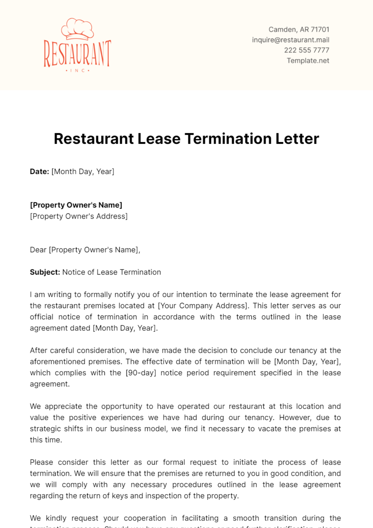 Restaurant Lease Termination Letter Template - Edit Online & Download