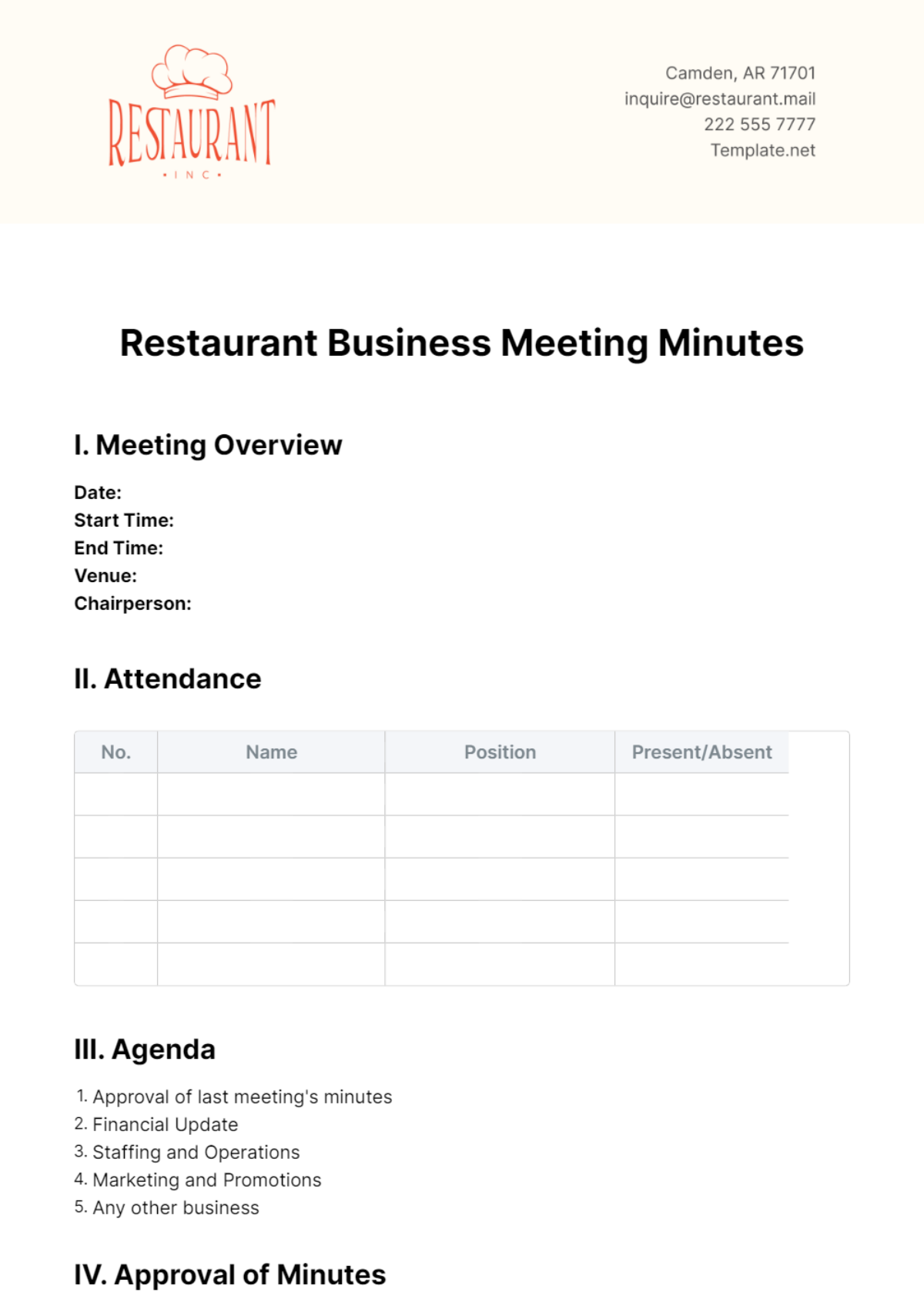 Free Restaurant Business Meeting Minutes Template
