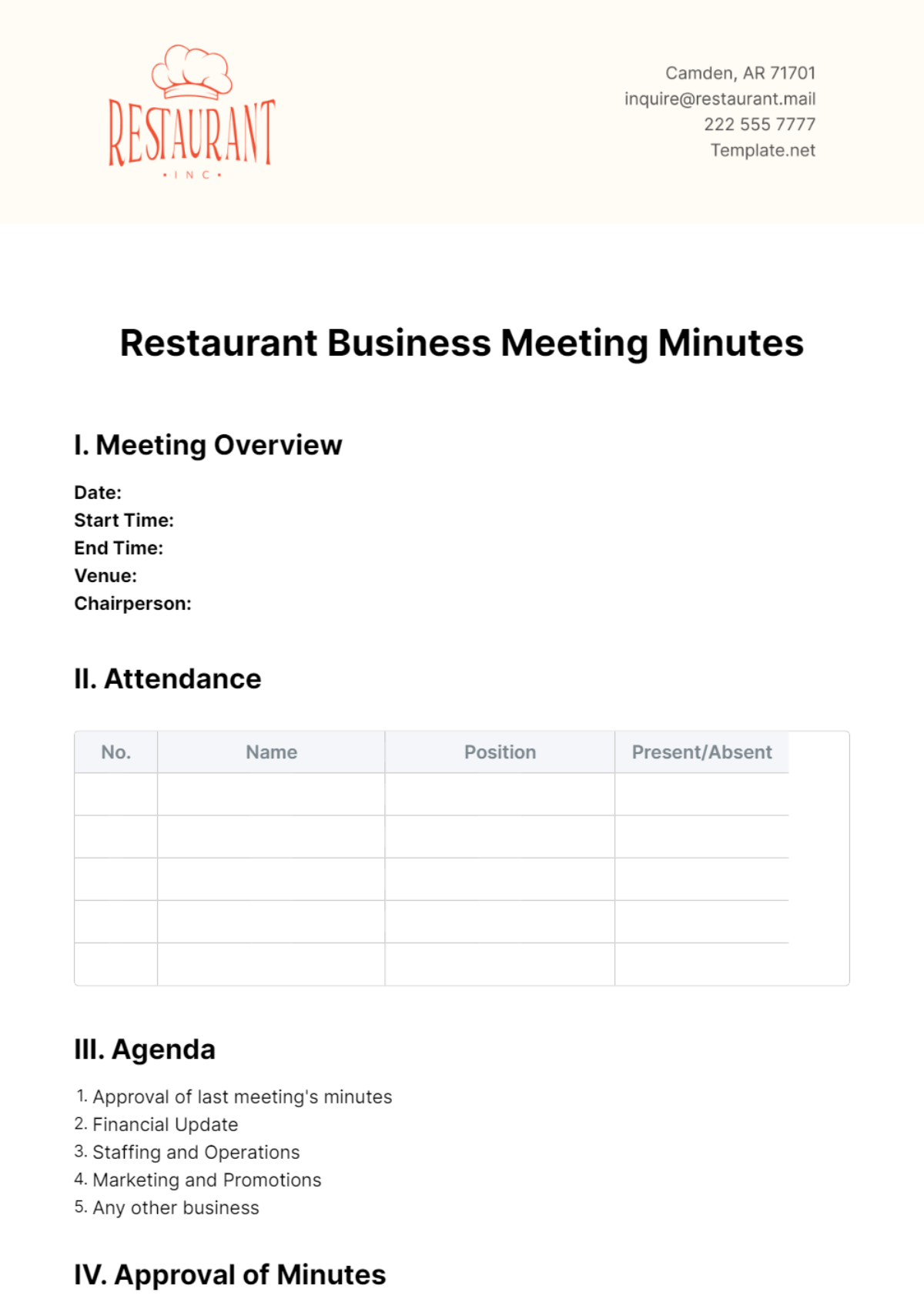 Restaurant Business Meeting Minutes Template - Edit Online & Download