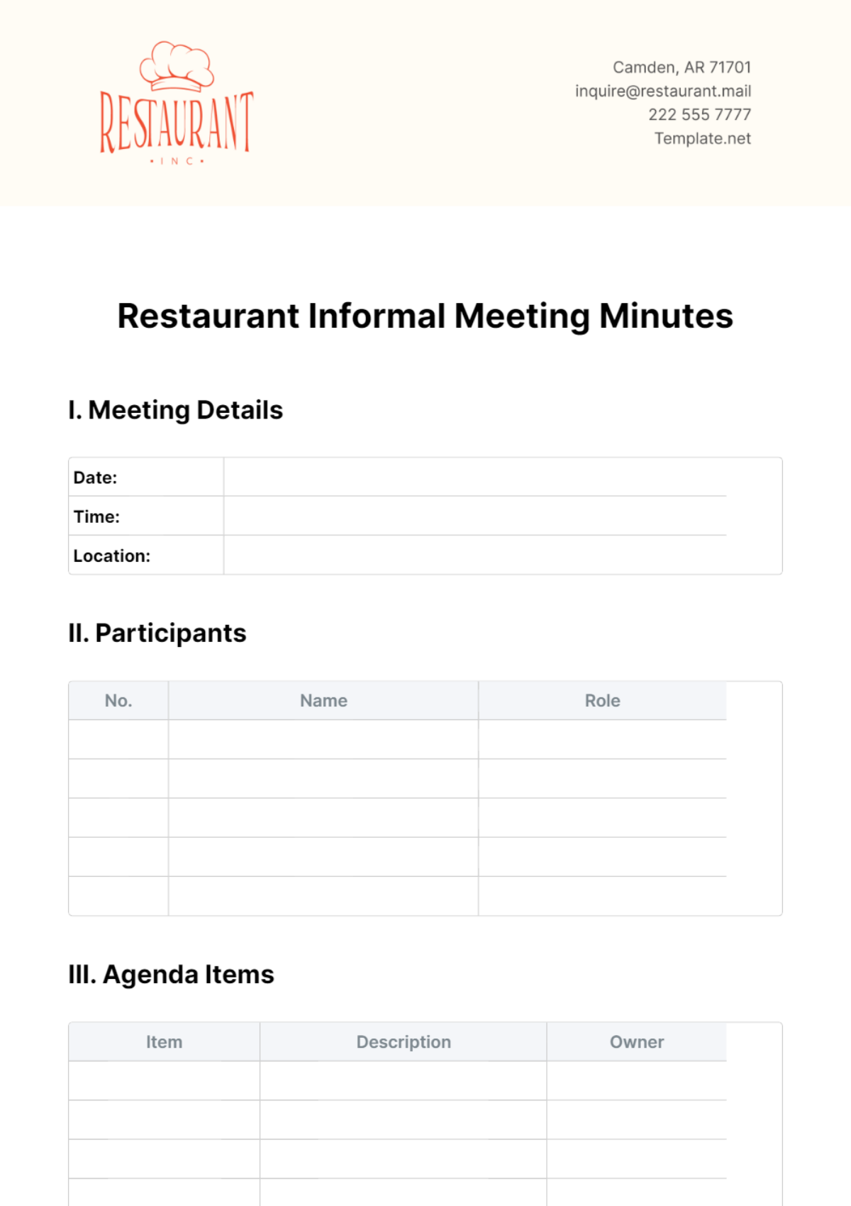 Free Restaurant Informal Meeting Minutes Template