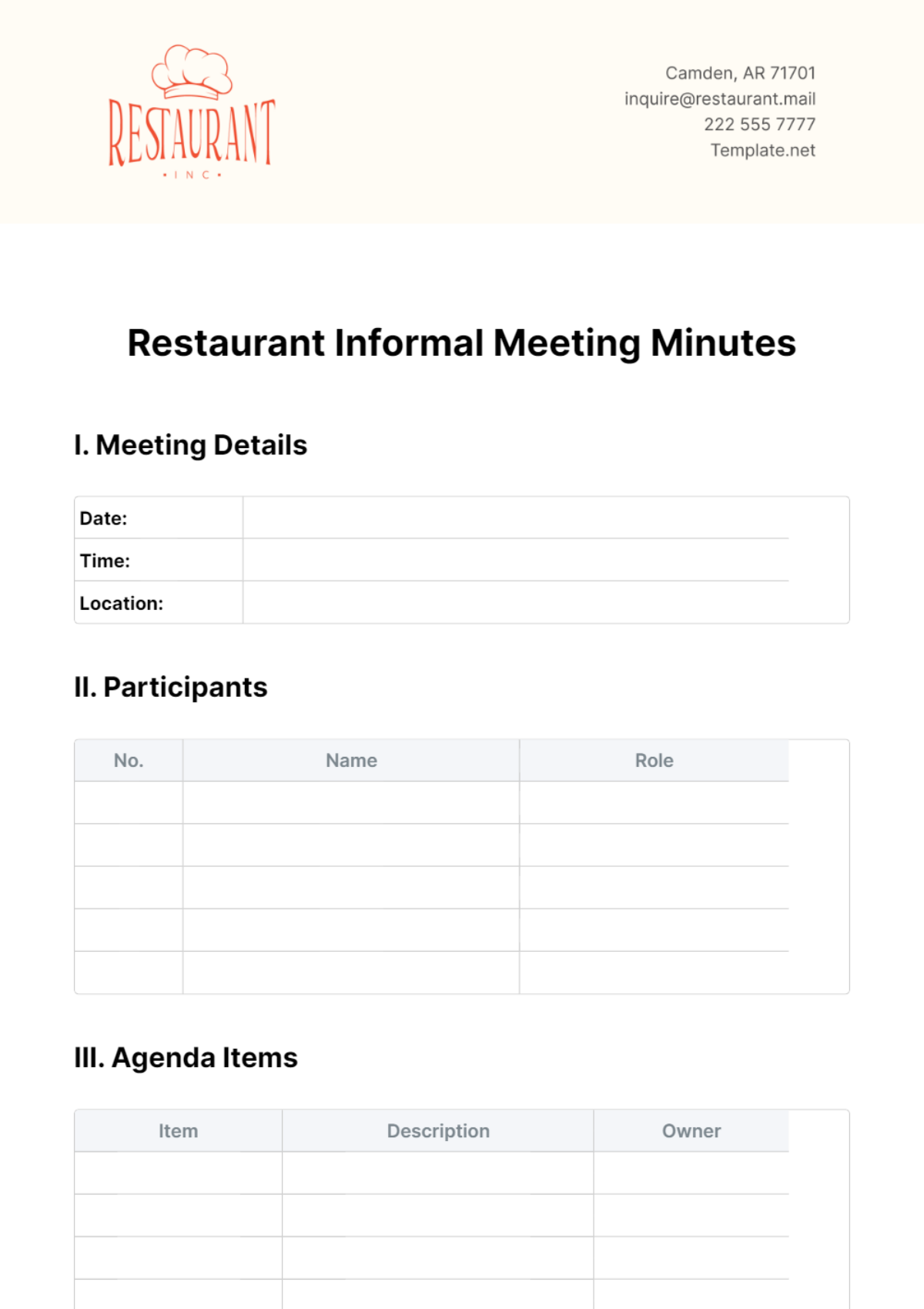 Restaurant Informal Meeting Minutes Template - Edit Online & Download