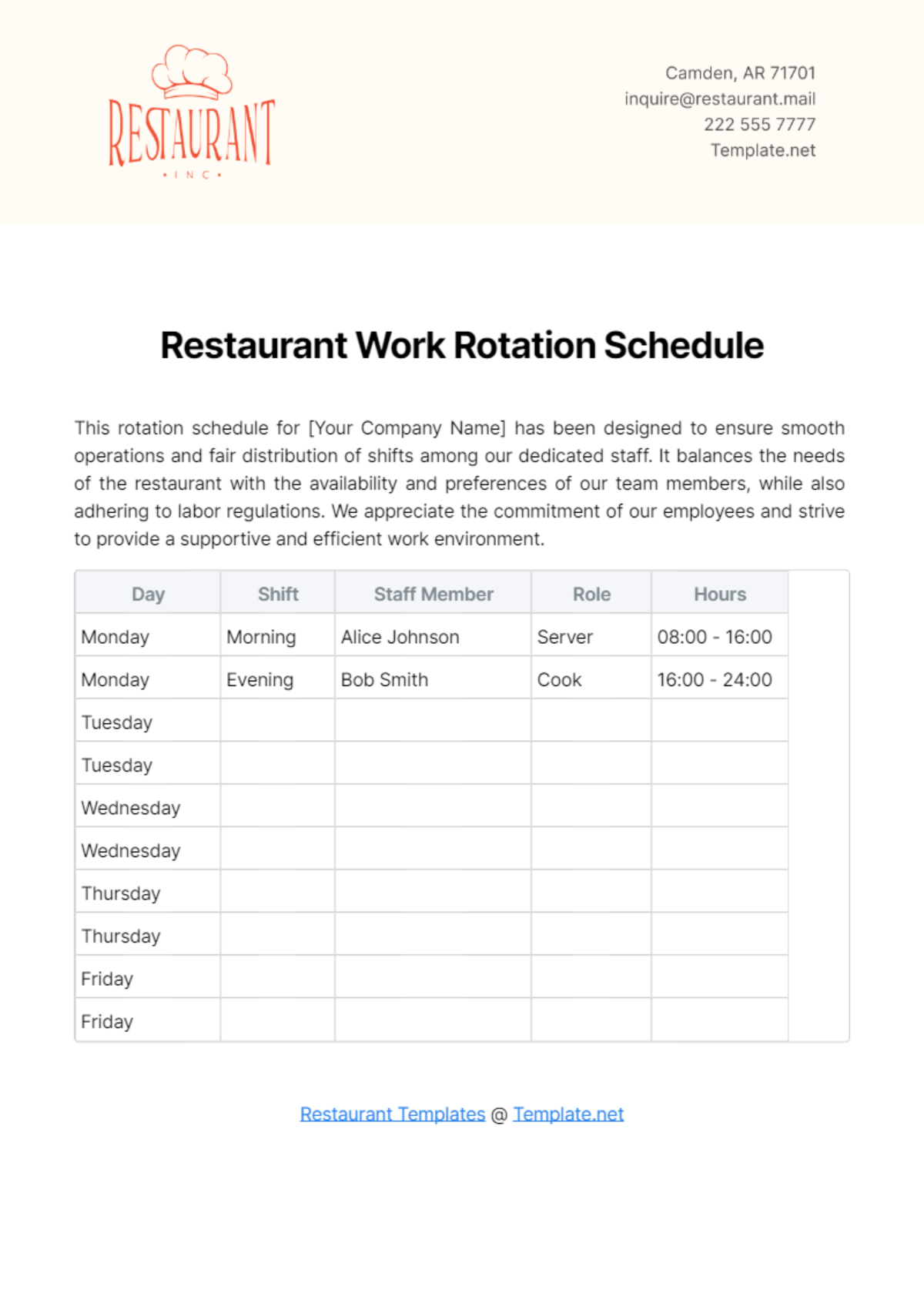 Restaurant Work Rotation Schedule Template - Edit Online & Download